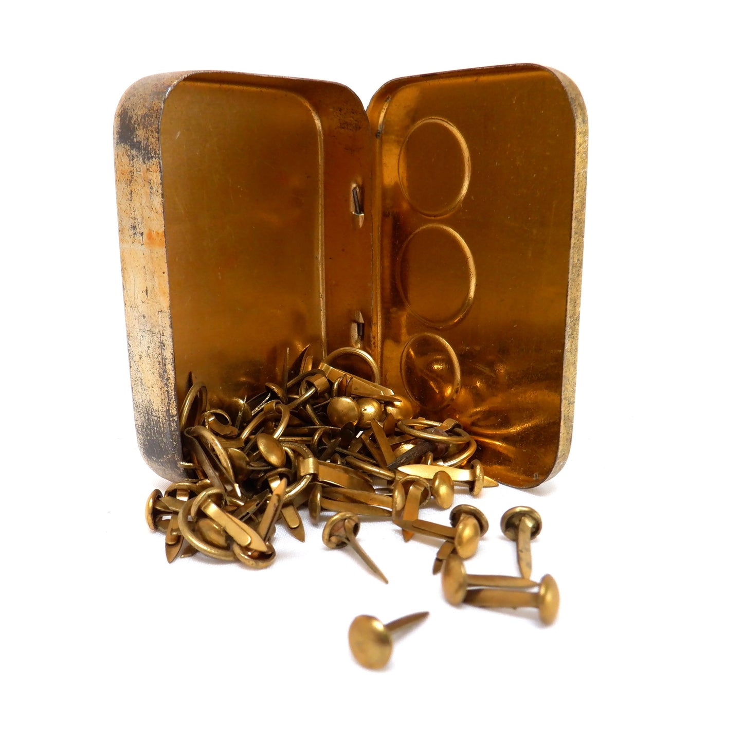 Antique Tin Container: 'The Dwarf Series', SELF PIERCER PAPER FASTENERS, with original contents!