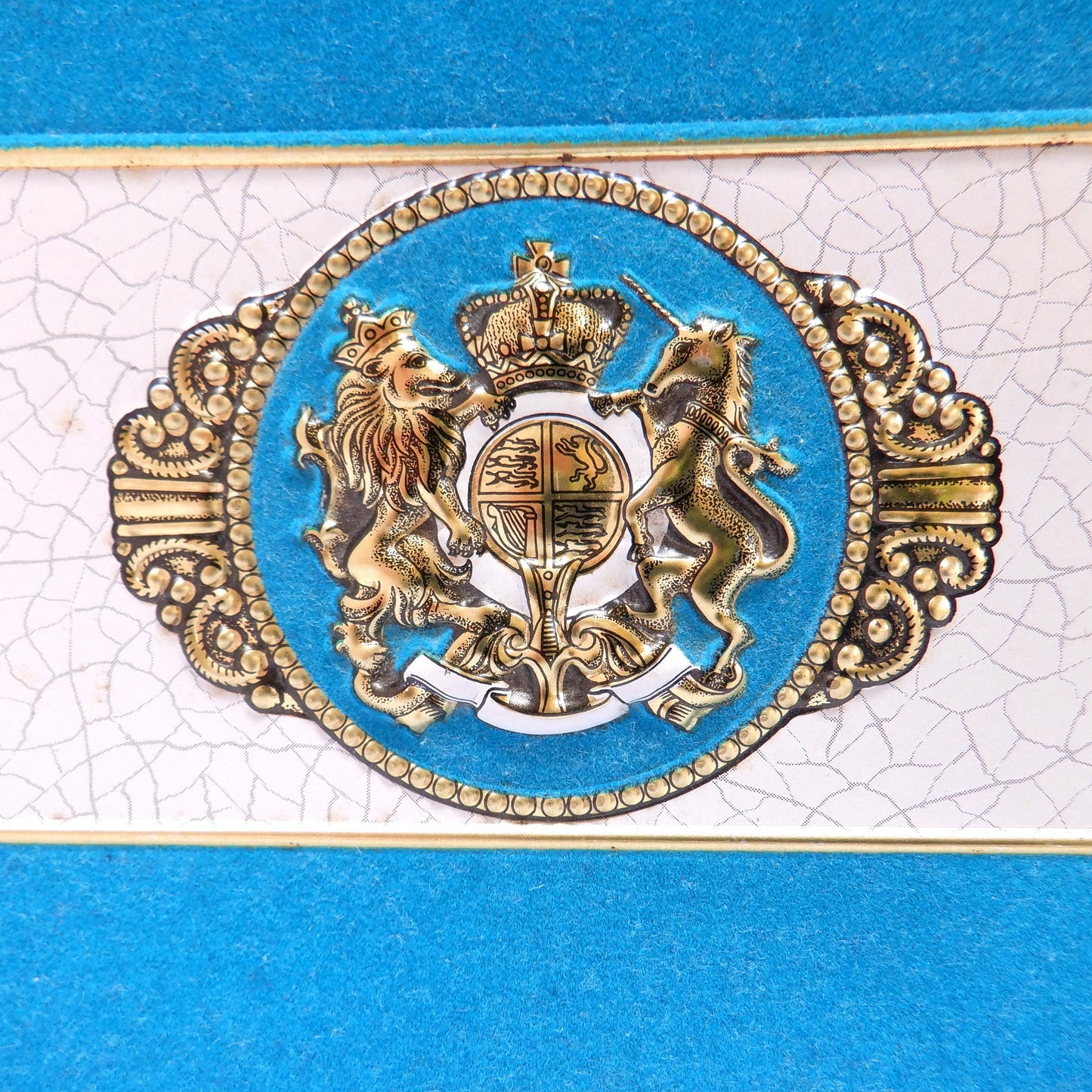 Vintage Blue-Velvet Ornate Tin by Blue Bird Toffee of England: 'THE LION AND UNICORN SYMBOL OF THE UK'
