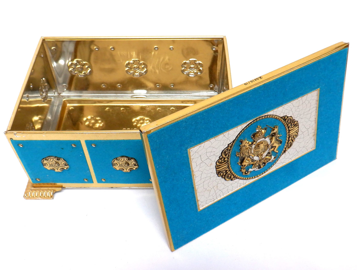 Vintage Blue-Velvet Ornate Tin by Blue Bird Toffee of England: 'THE LION AND UNICORN SYMBOL OF THE UK'