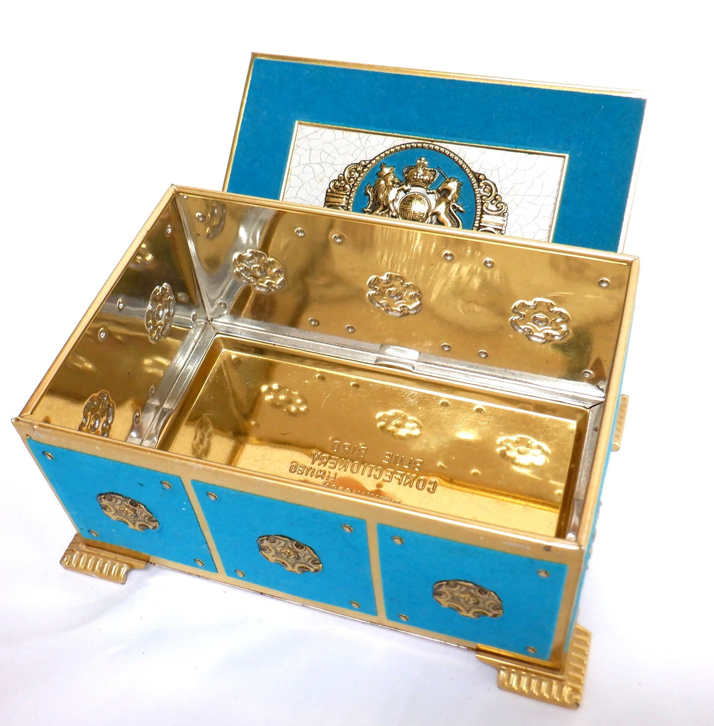 Vintage Blue-Velvet Ornate Tin by Blue Bird Toffee of England: 'THE LION AND UNICORN SYMBOL OF THE UK'