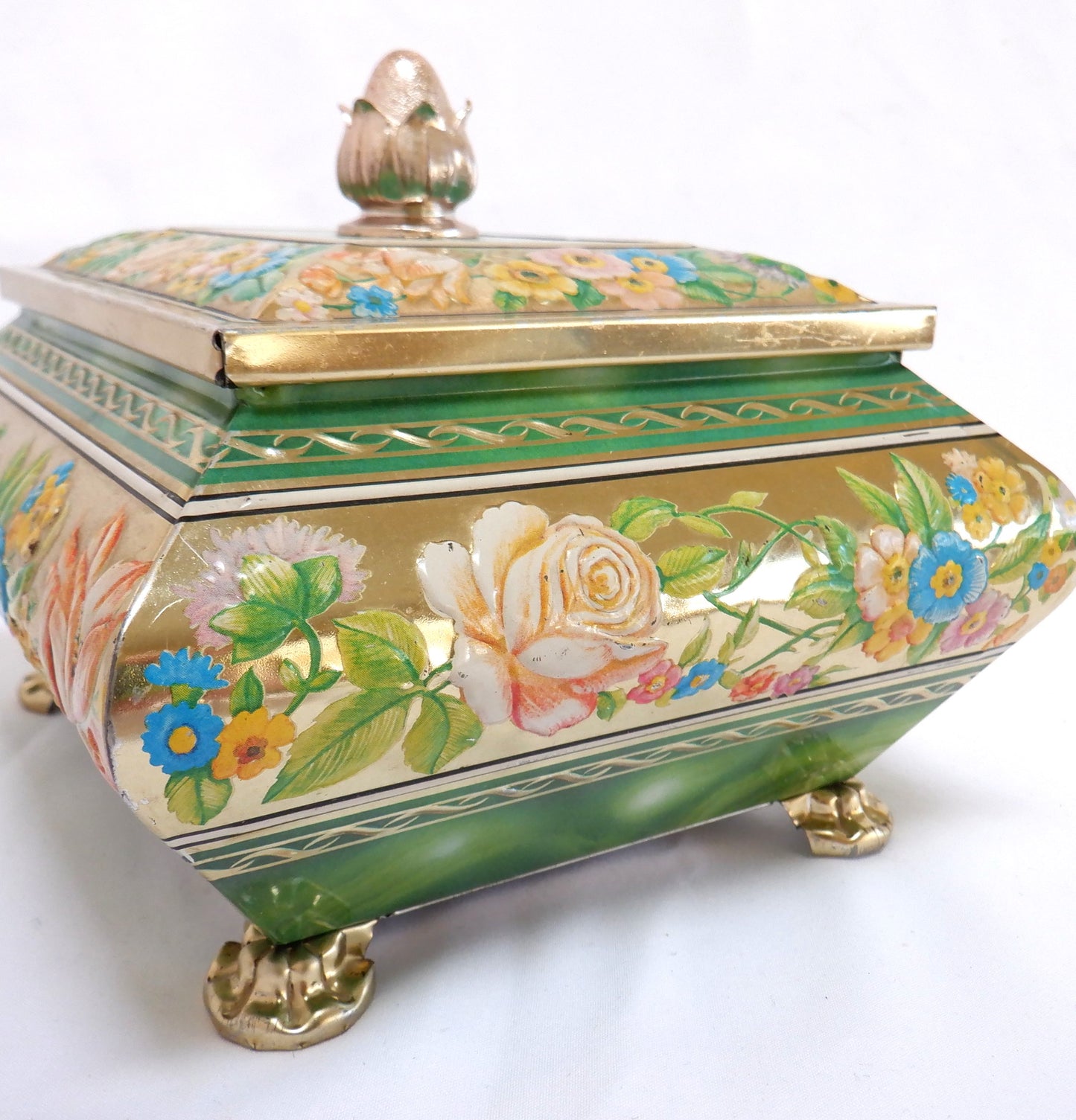 BLUE BIRD VINTAGE TIN, Confectionery by Harry Vincent Limited: MARBLED GREEN w/ Roses #1