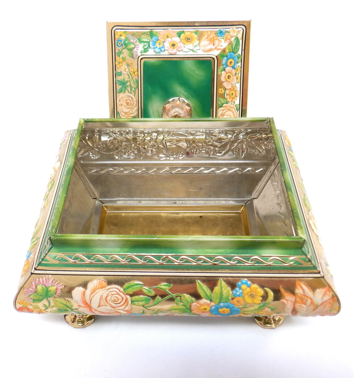 BLUE BIRD VINTAGE TIN, Confectionery by Harry Vincent Limited: MARBLED GREEN w/ Roses #1