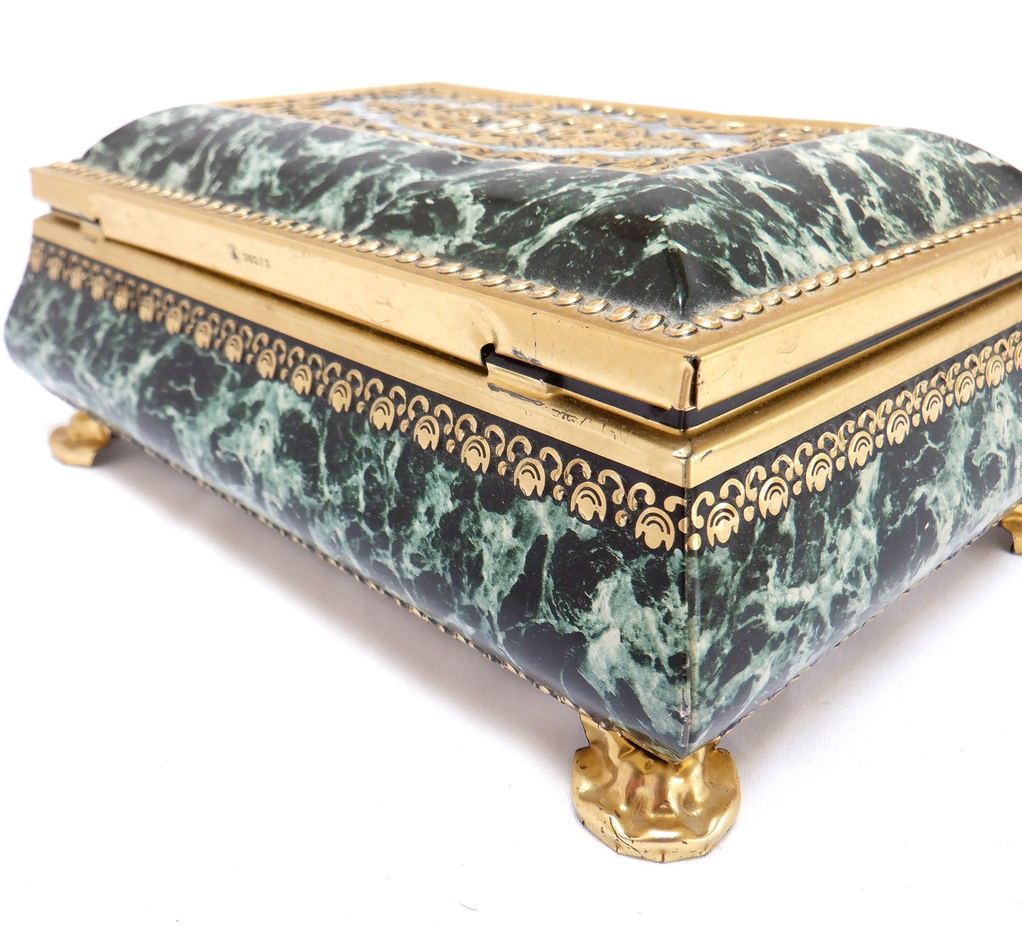 Vintage Ornate Green Marble-Finish Tin, by The BLUE BIRD CONFECTIONERY COMPANY OF ENGLAND