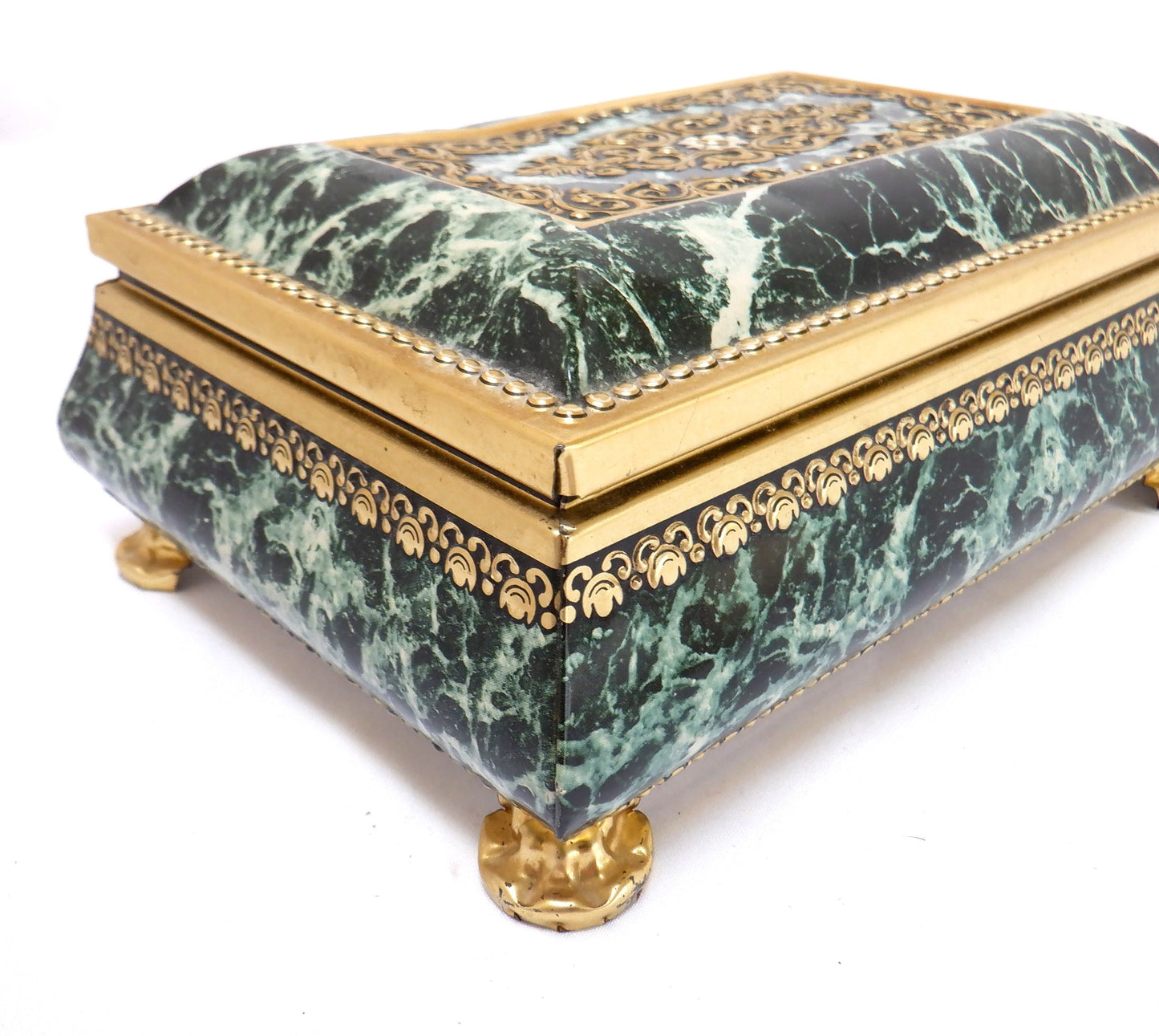 Vintage Ornate Green Marble-Finish Tin, by The BLUE BIRD CONFECTIONERY COMPANY OF ENGLAND