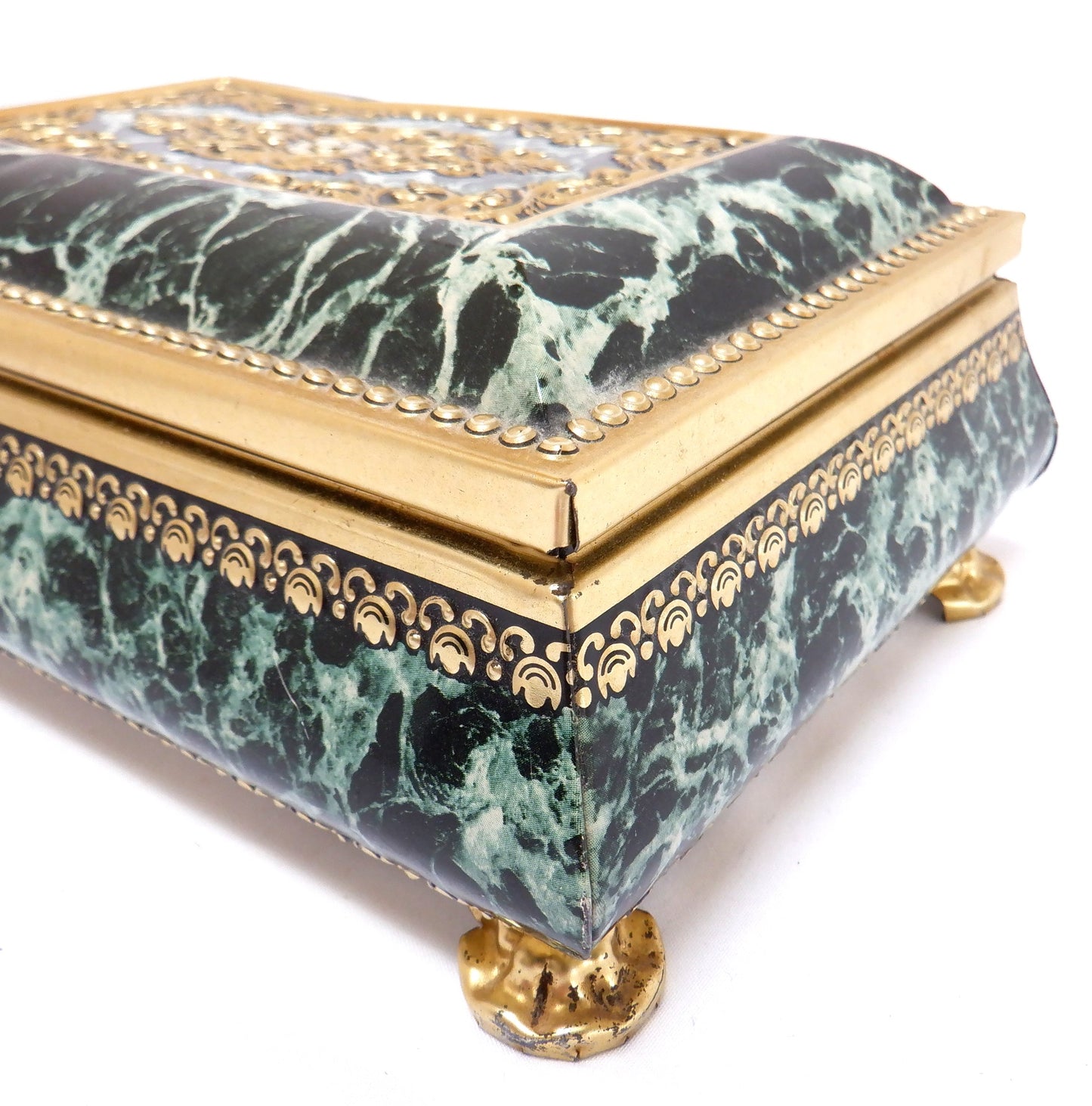 Vintage Ornate Green Marble-Finish Tin, by The BLUE BIRD CONFECTIONERY COMPANY OF ENGLAND