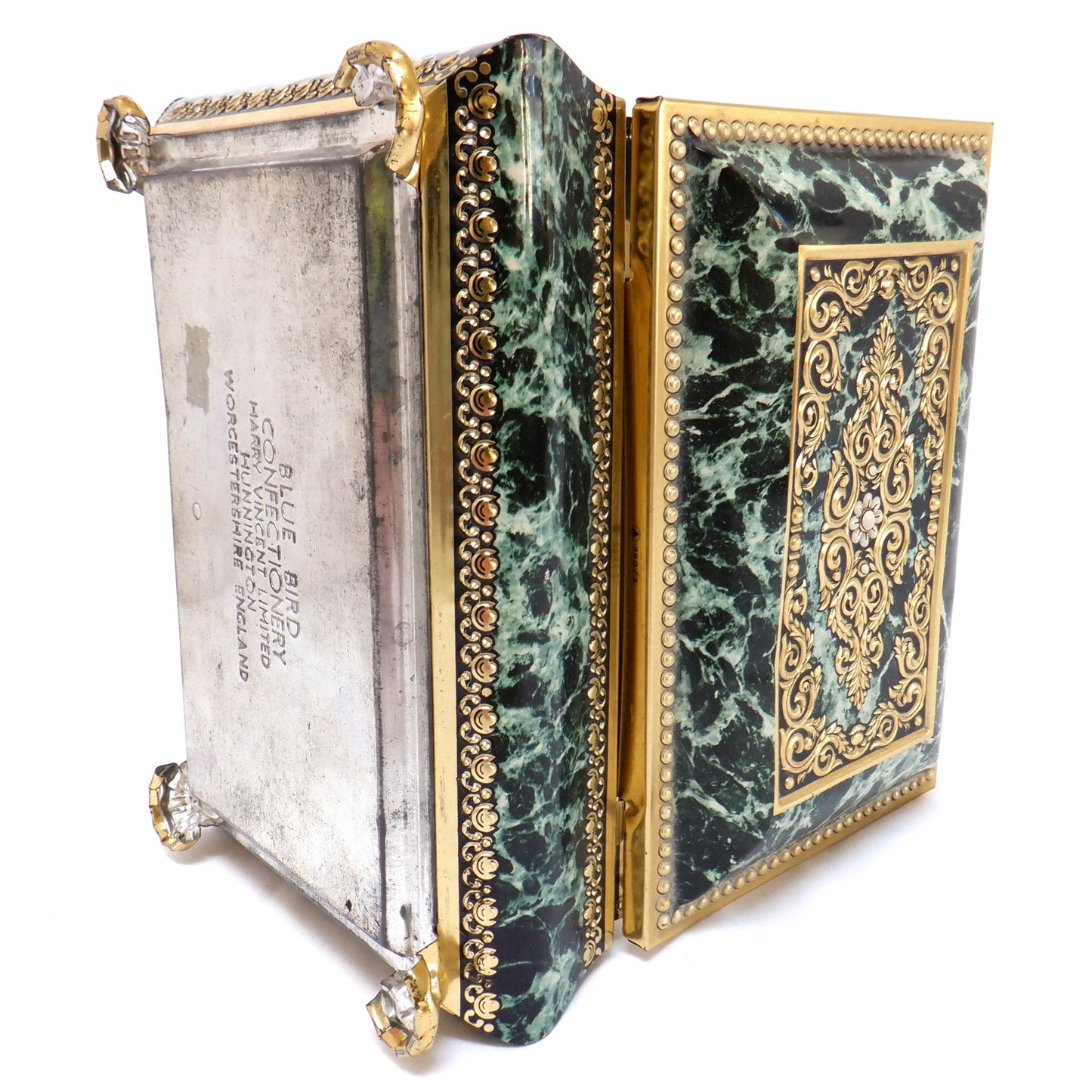 Vintage Ornate Green Marble-Finish Tin, by The BLUE BIRD CONFECTIONERY COMPANY OF ENGLAND