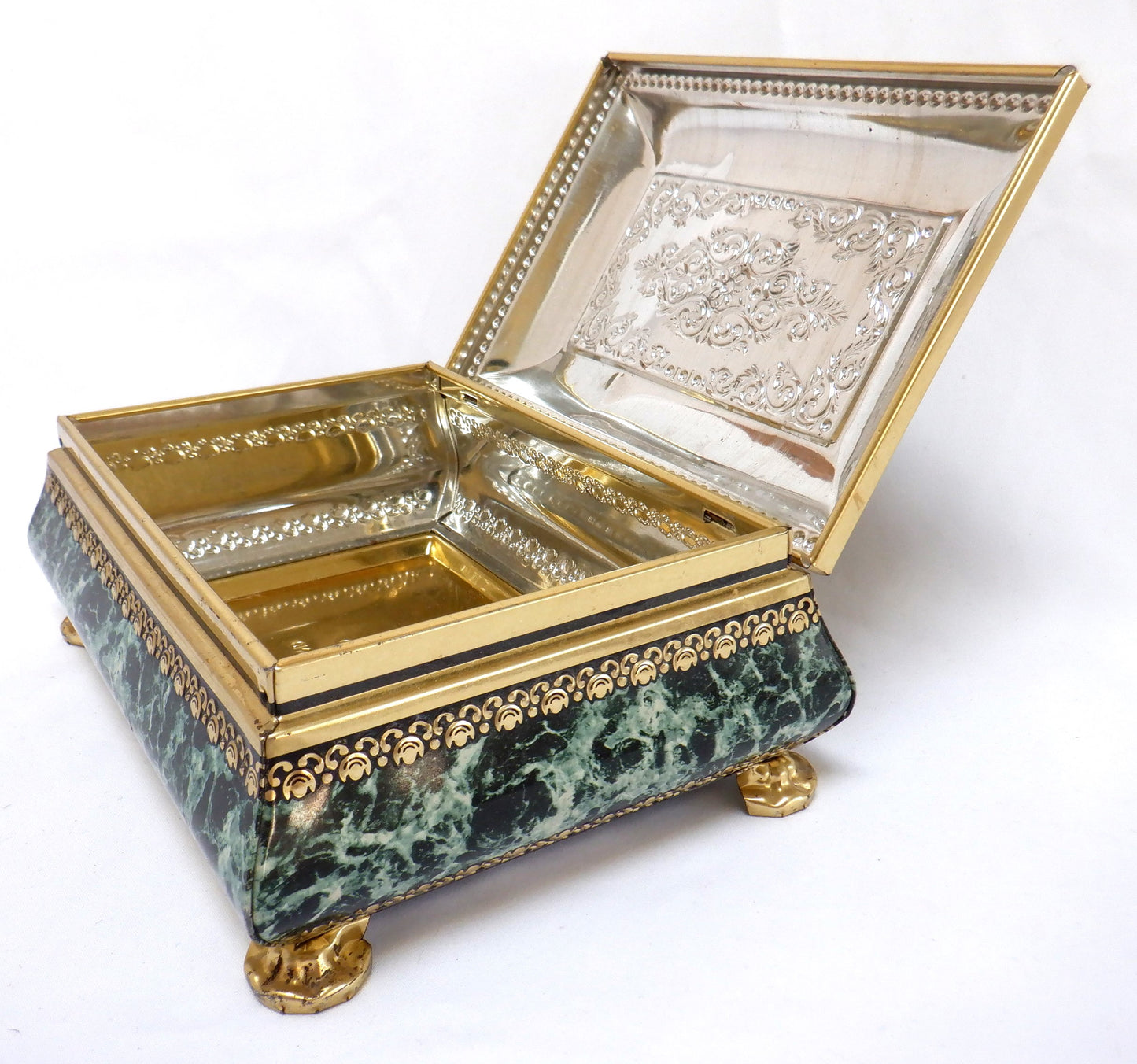 Vintage Ornate Green Marble-Finish Tin, by The BLUE BIRD CONFECTIONERY COMPANY OF ENGLAND