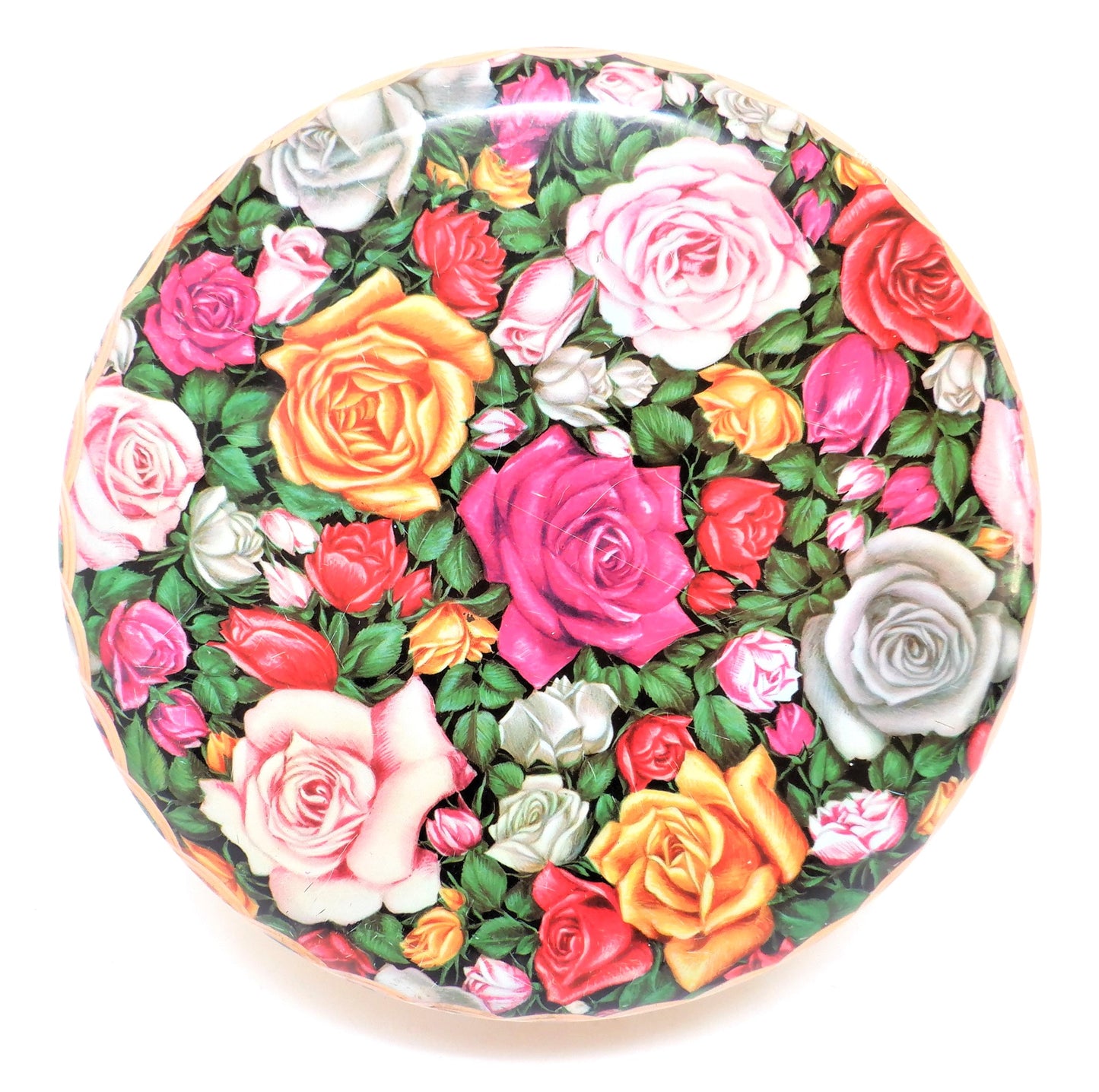 Vintage Mid-Century Round Cookie Tin Container: 'ROSE WICKER BASKET'