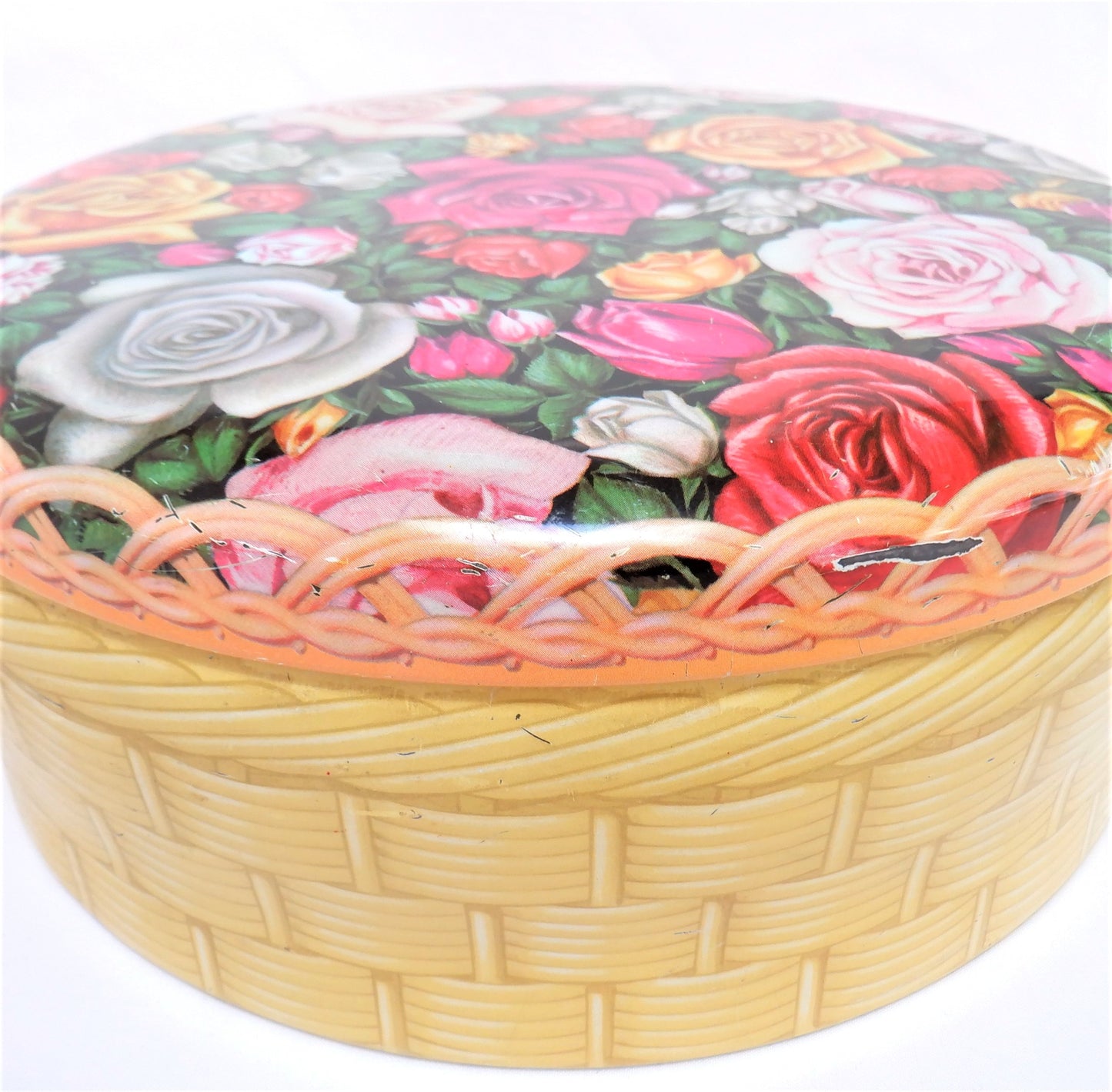 Vintage Mid-Century Round Cookie Tin Container: 'ROSE WICKER BASKET'