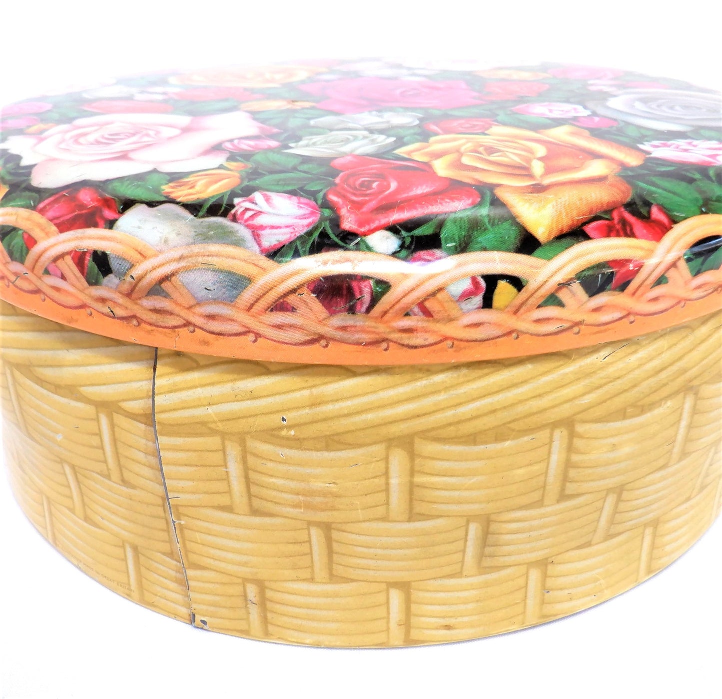Vintage Mid-Century Round Cookie Tin Container: 'ROSE WICKER BASKET'