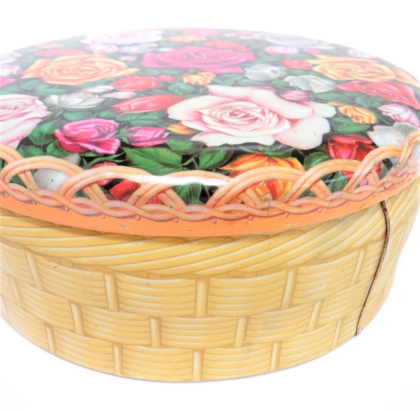 Vintage Mid-Century Round Cookie Tin Container: 'ROSE WICKER BASKET'