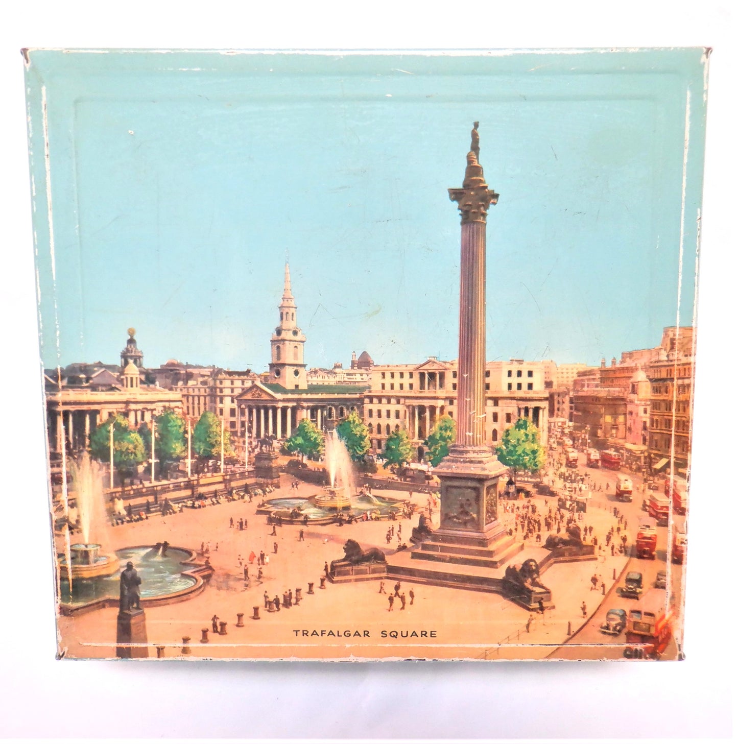 Large Vintage Robins-Egg Blue Tin Container by Elkes Biscuits: 'TRAFALGAR SQUARE'