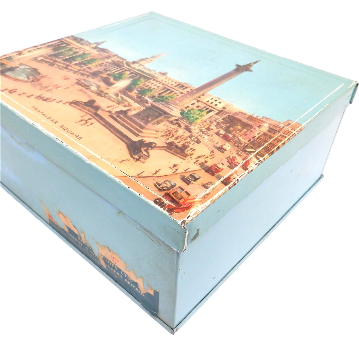 Large Vintage Robins-Egg Blue Tin Container by Elkes Biscuits: 'TRAFALGAR SQUARE'