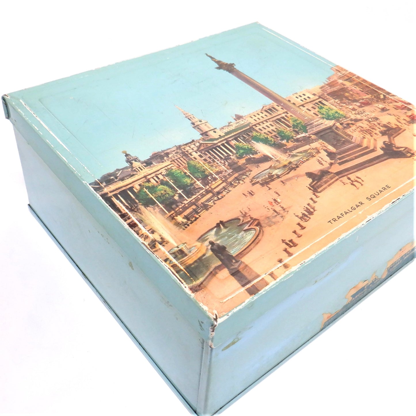 Large Vintage Robins-Egg Blue Tin Container by Elkes Biscuits: 'TRAFALGAR SQUARE'
