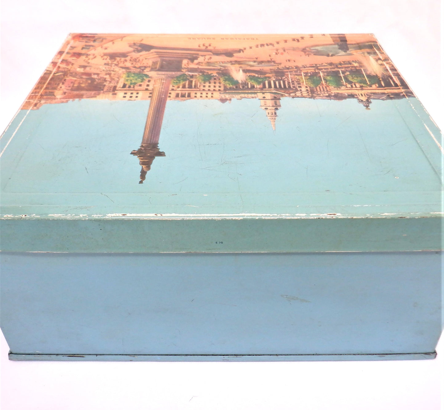 Large Vintage Robins-Egg Blue Tin Container by Elkes Biscuits: 'TRAFALGAR SQUARE'