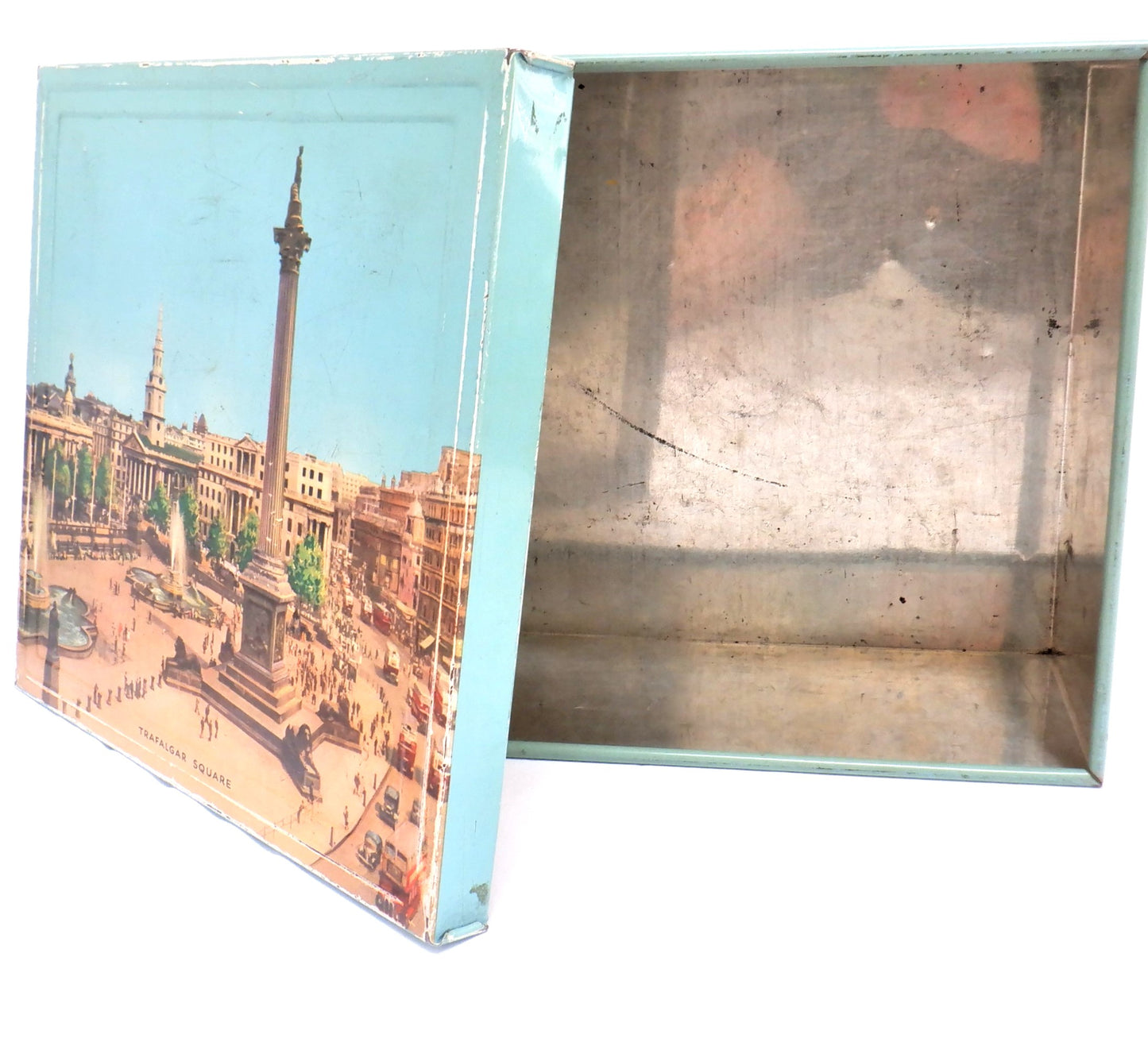 Large Vintage Robins-Egg Blue Tin Container by Elkes Biscuits: 'TRAFALGAR SQUARE'