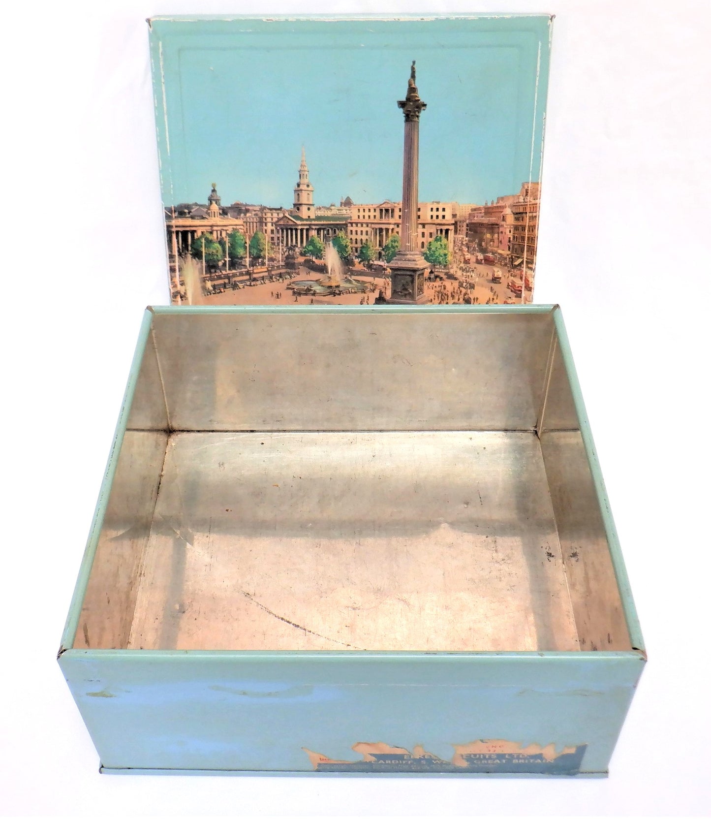 Large Vintage Robins-Egg Blue Tin Container by Elkes Biscuits: 'TRAFALGAR SQUARE'