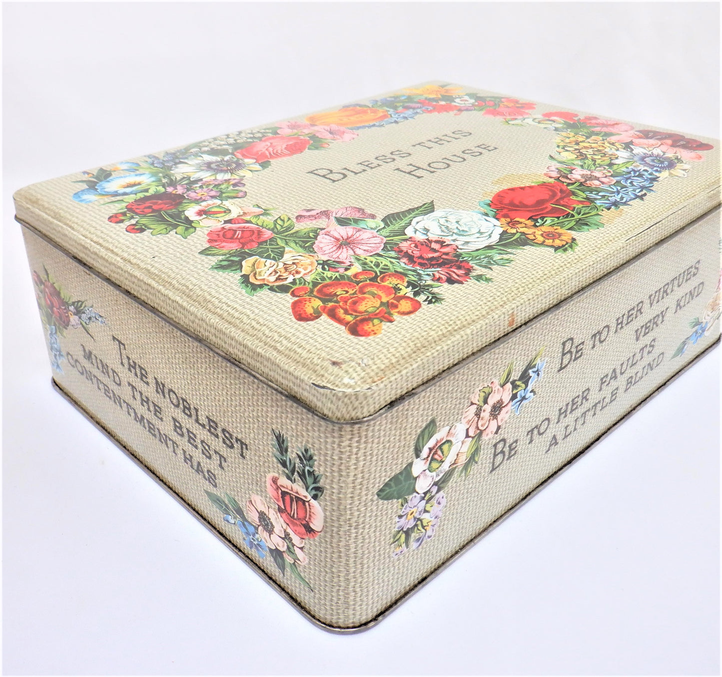 'BLESS THIS HOUSE', A Large Vintage Cookie Tin Container, by Carr's Famous Biscuit Company