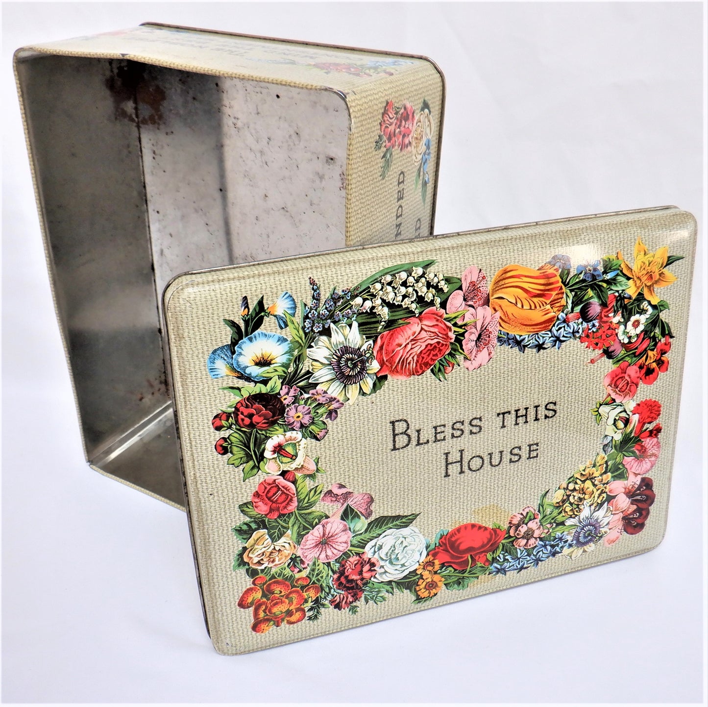 'BLESS THIS HOUSE', A Large Vintage Cookie Tin Container, by Carr's Famous Biscuit Company