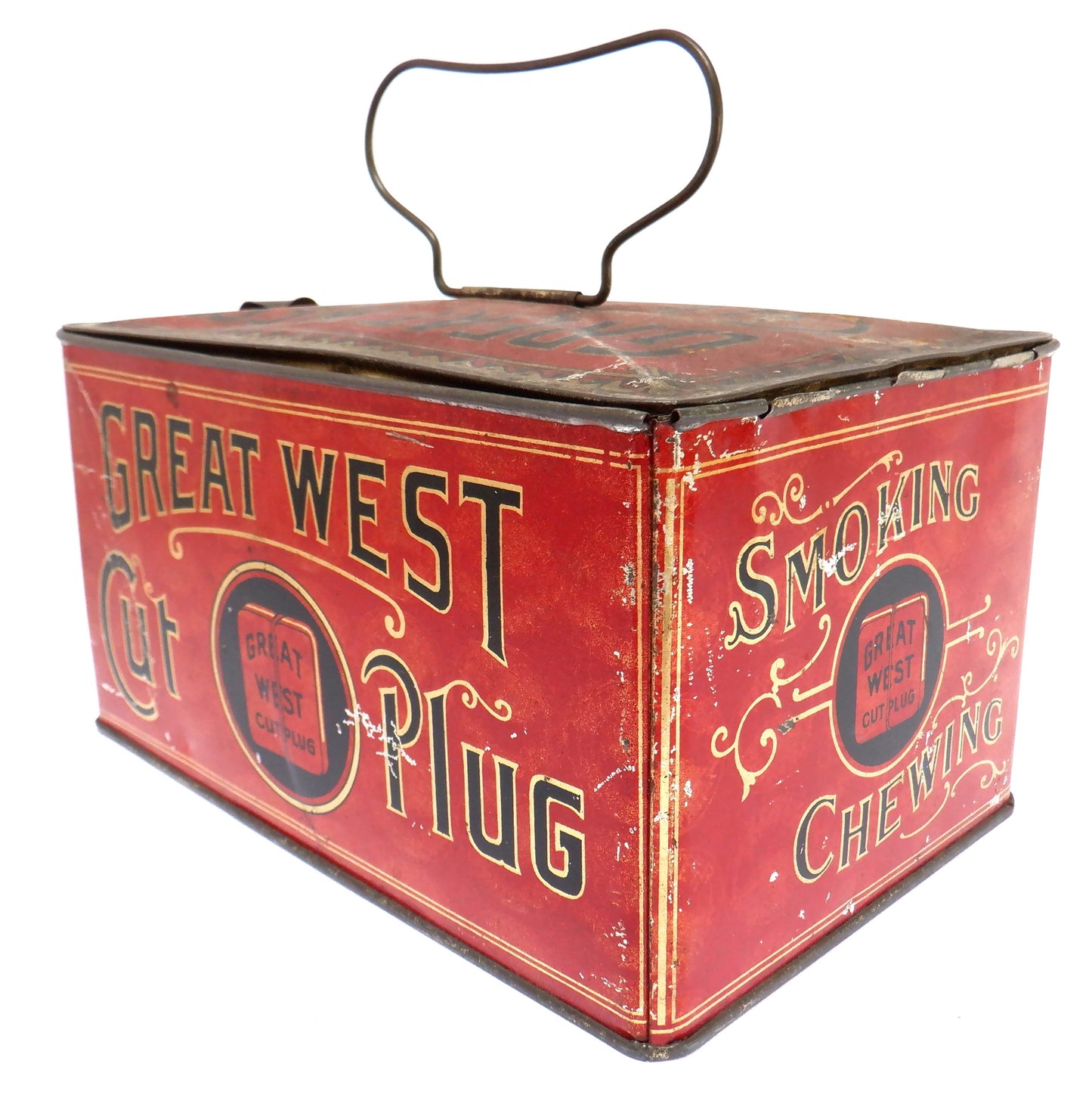 GREAT WEST CUT PLUG, Antique Latched Tin Container by The Empire Tobacco Company of CANADA, 1915