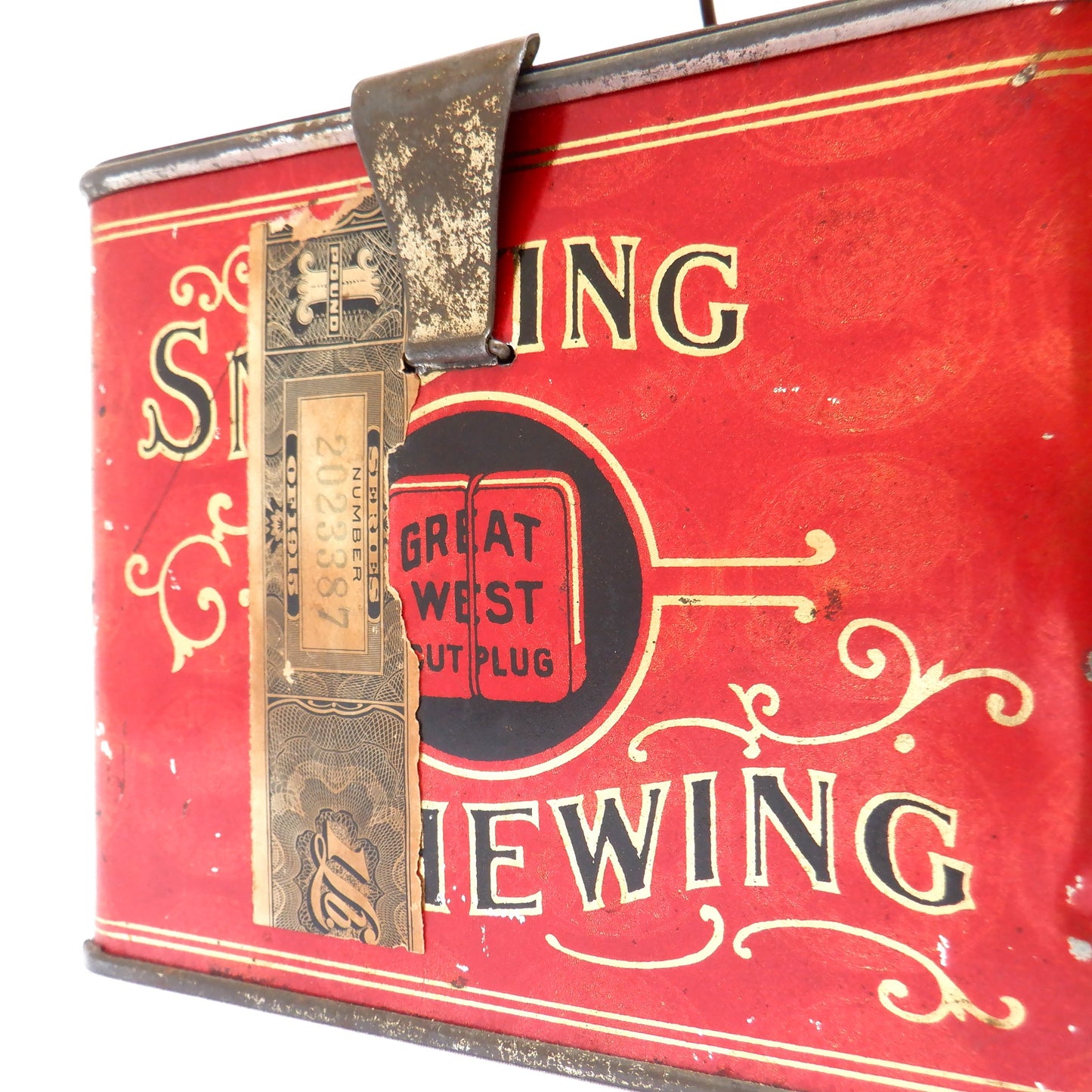 GREAT WEST CUT PLUG, Antique Latched Tin Container by The Empire Tobacco Company of CANADA, 1915