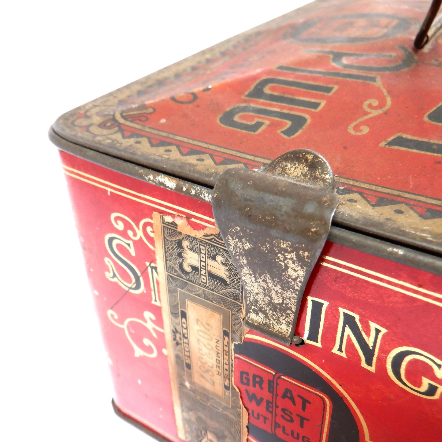 GREAT WEST CUT PLUG, Antique Latched Tin Container by The Empire Tobacco Company of CANADA, 1915
