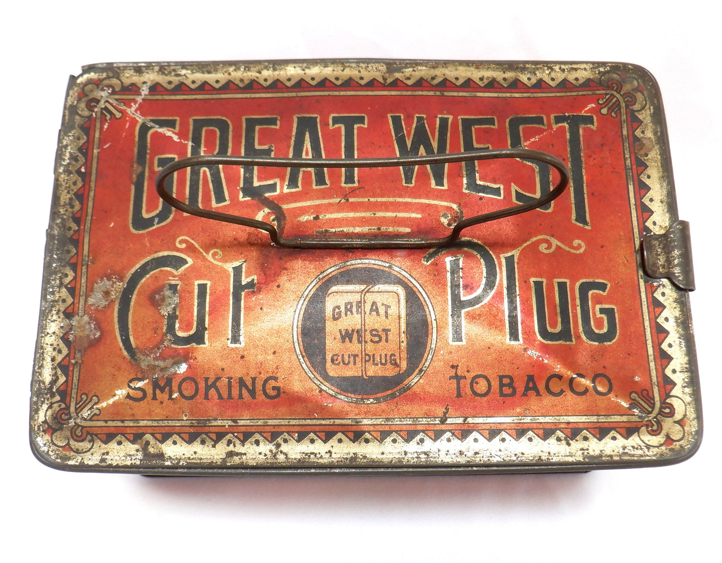 GREAT WEST CUT PLUG, Antique Latched Tin Container by The Empire Tobacco Company of CANADA, 1915