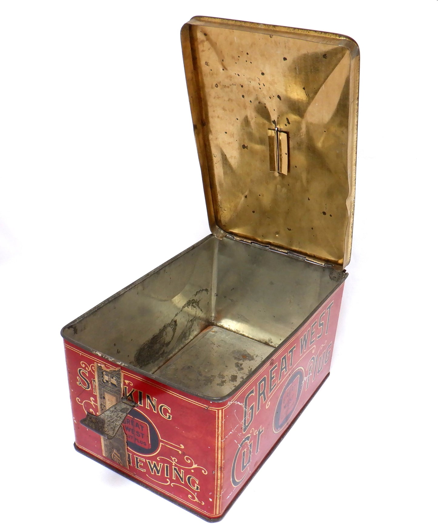 GREAT WEST CUT PLUG, Antique Latched Tin Container by The Empire Tobacco Company of CANADA, 1915