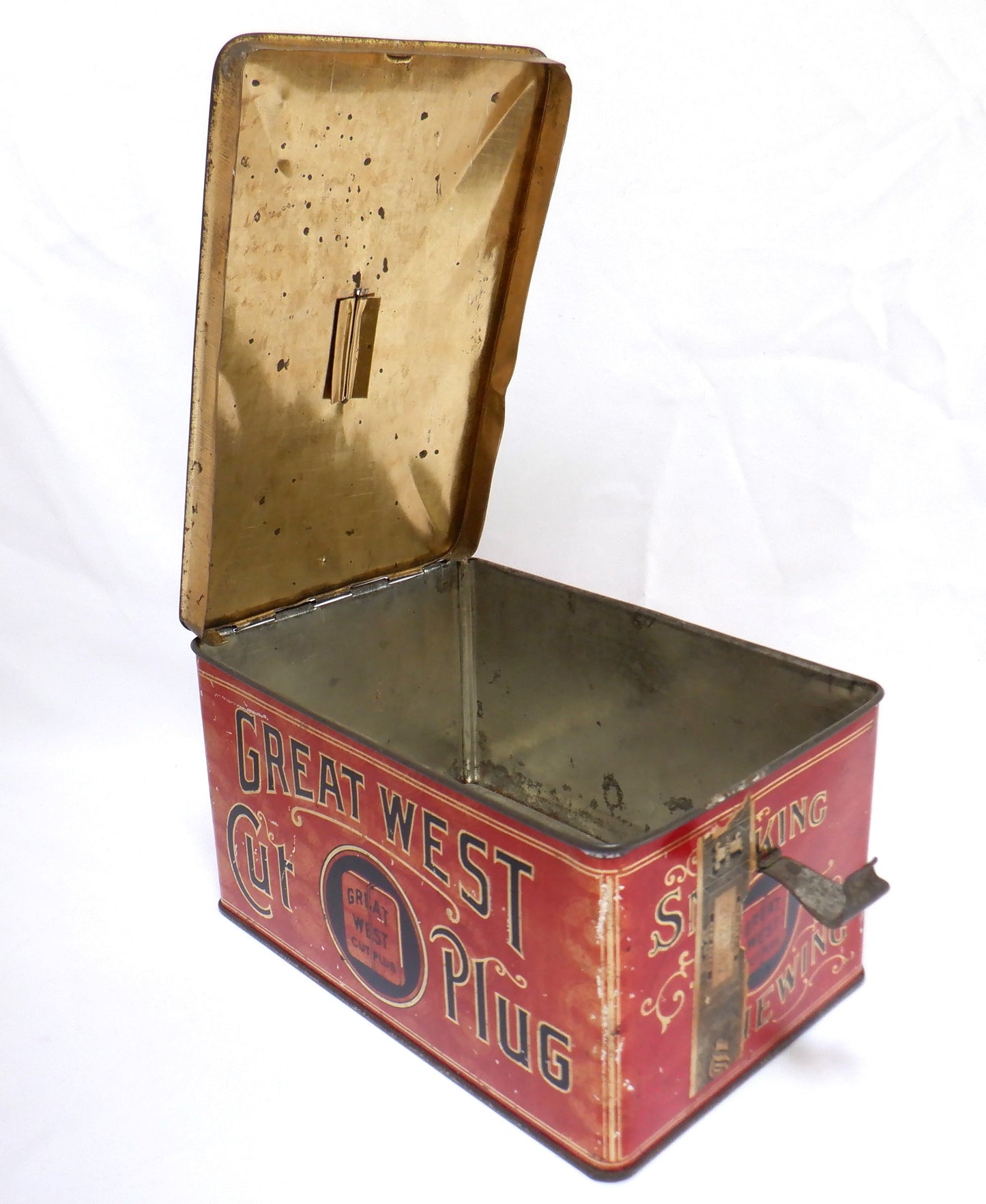 GREAT WEST CUT PLUG, Antique Latched Tin Container by The Empire Tobacco Company of CANADA, 1915