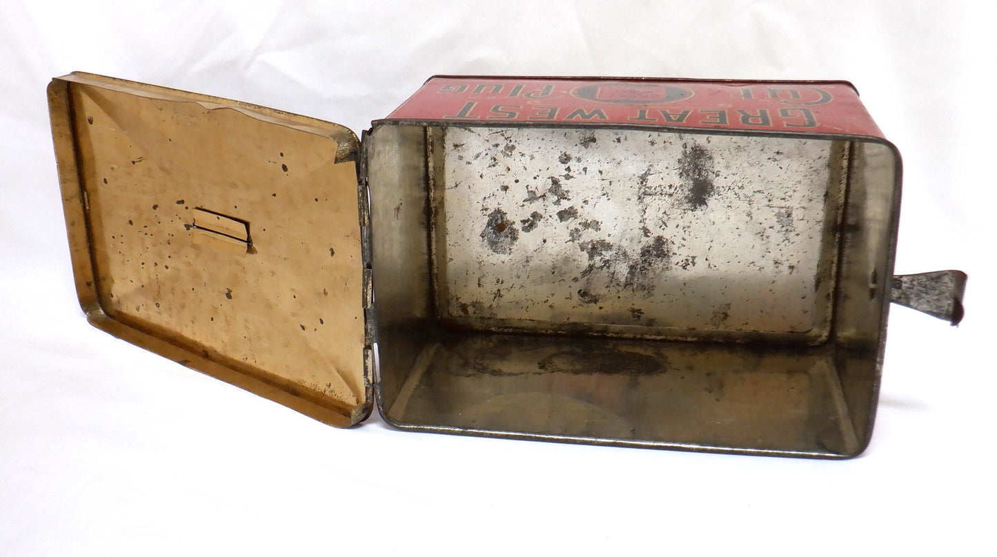 GREAT WEST CUT PLUG, Antique Latched Tin Container by The Empire Tobacco Company of CANADA, 1915