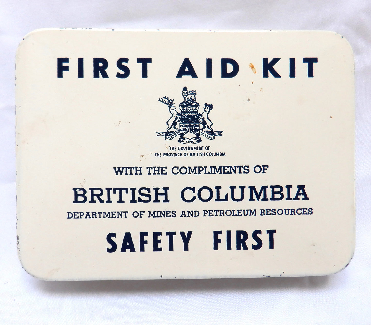 RARE VINTAGE POCKET TIN FIRST AID KIT: Compliments of British Columbia Department of Mines and Petroleum Resources, Pre-1975