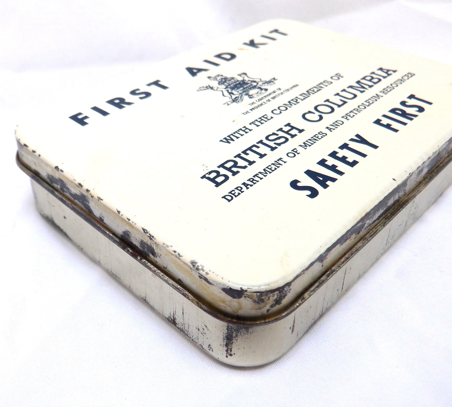 RARE VINTAGE POCKET TIN FIRST AID KIT: Compliments of British Columbia Department of Mines and Petroleum Resources, Pre-1975
