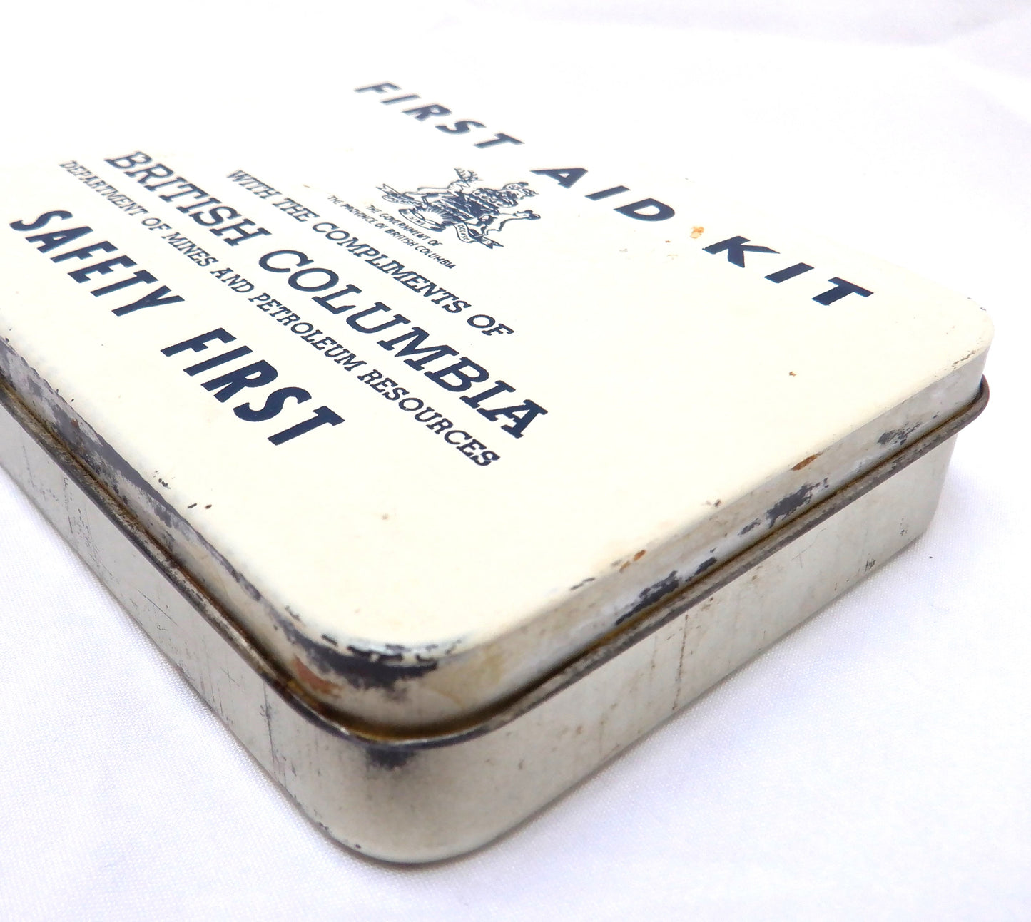 RARE VINTAGE POCKET TIN FIRST AID KIT: Compliments of British Columbia Department of Mines and Petroleum Resources, Pre-1975