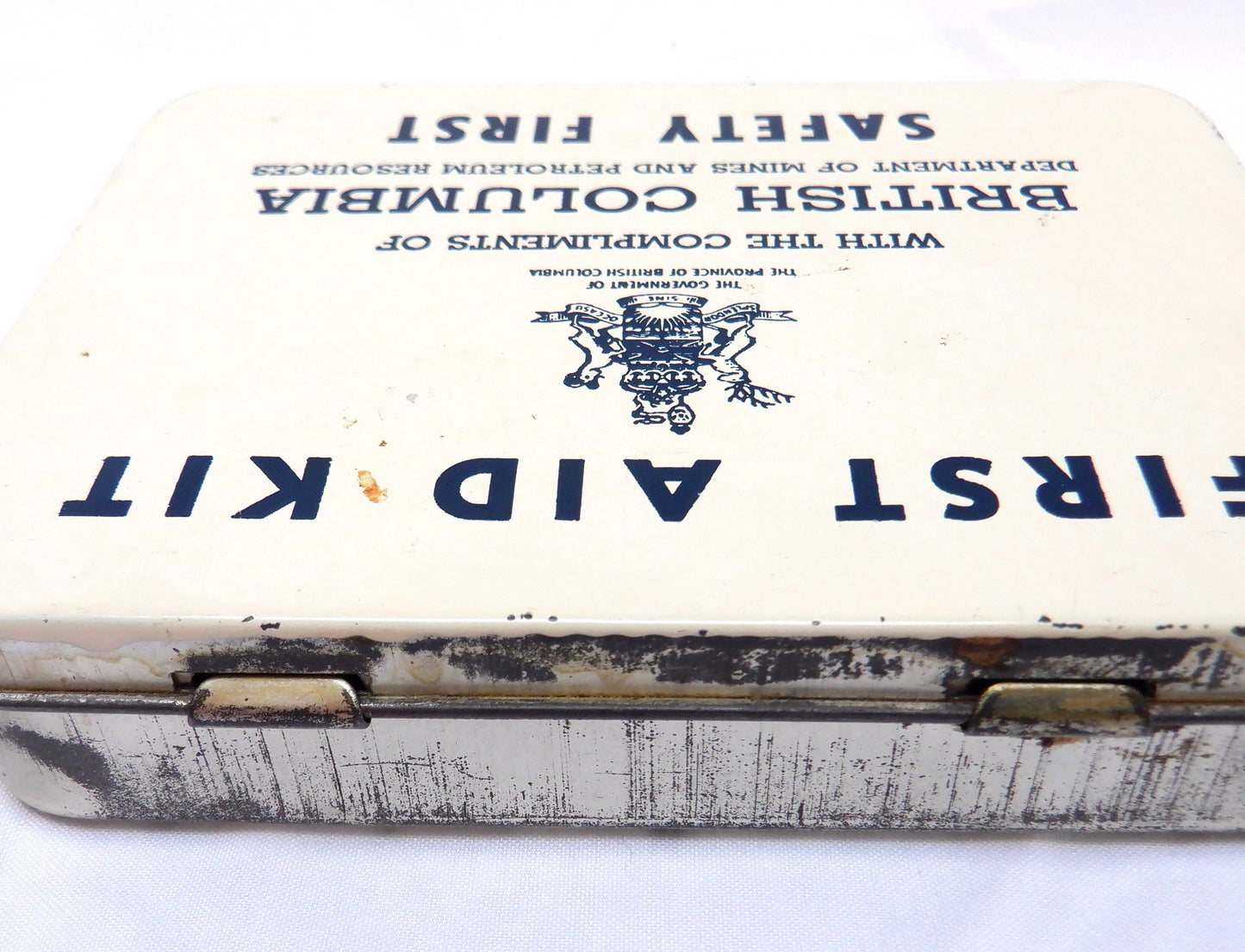 RARE VINTAGE POCKET TIN FIRST AID KIT: Compliments of British Columbia Department of Mines and Petroleum Resources, Pre-1975