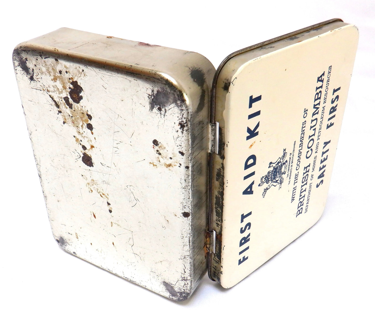RARE VINTAGE POCKET TIN FIRST AID KIT: Compliments of British Columbia Department of Mines and Petroleum Resources, Pre-1975