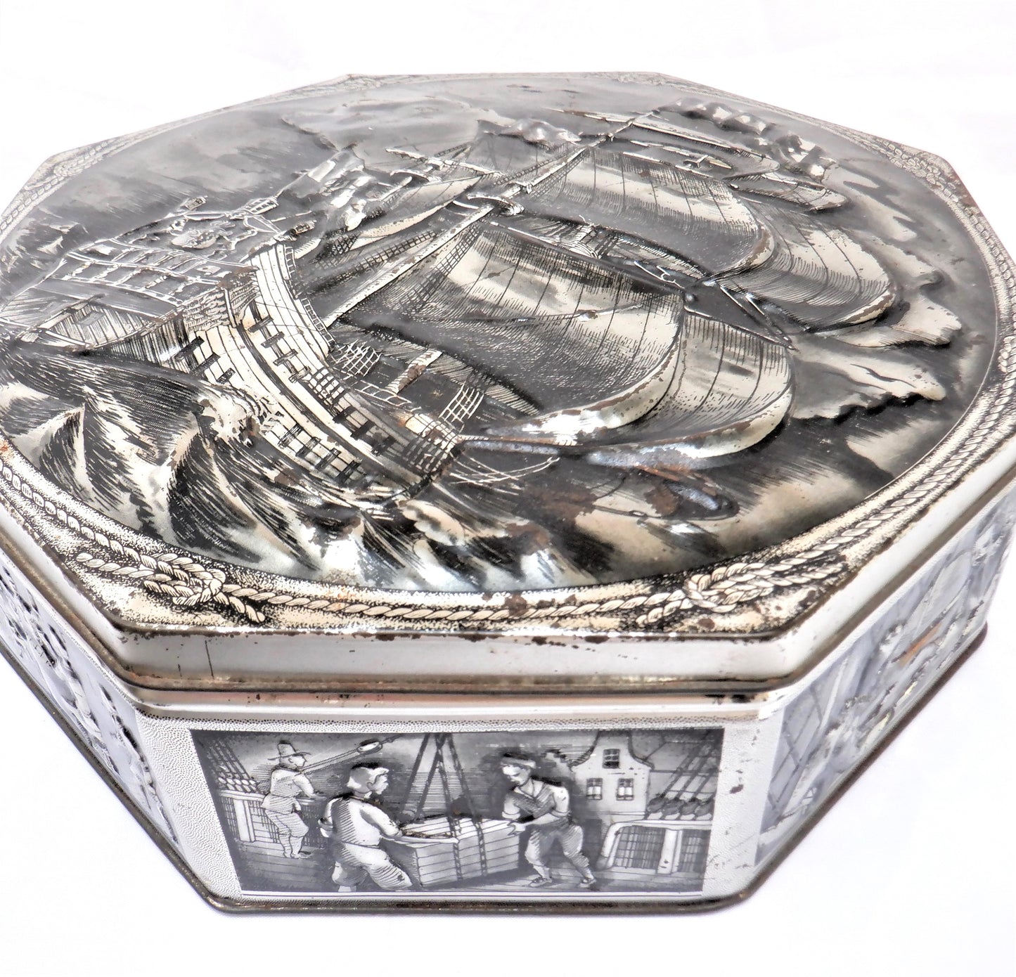 "ONE TALL SHIP" Rare Octagon Hinged-Lid Vintage Tin Container by Victoria Biscuit Company of Holland.