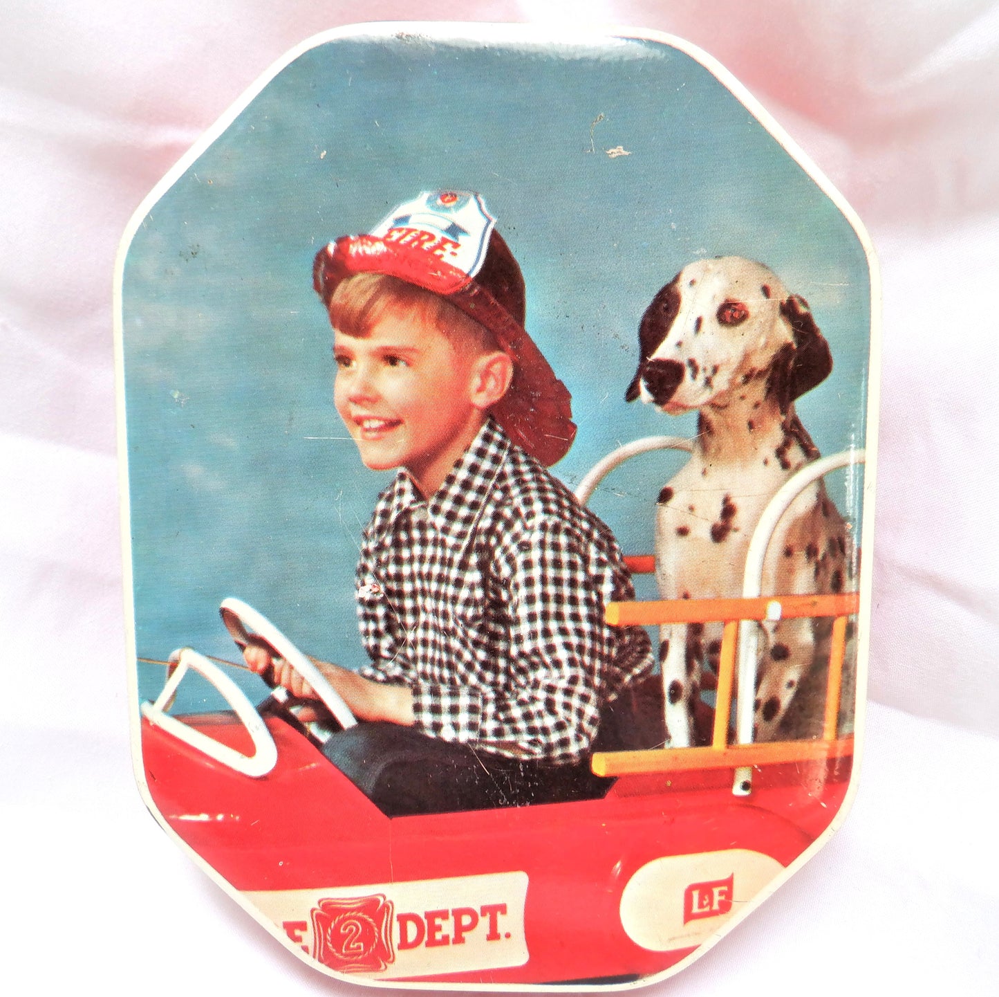 Vintage 1950's Adorable Tin by Rogall's Limited of England: 'THE YOUNG FIREMAN AND HIS TRUSTY DALMATION COMPANION'