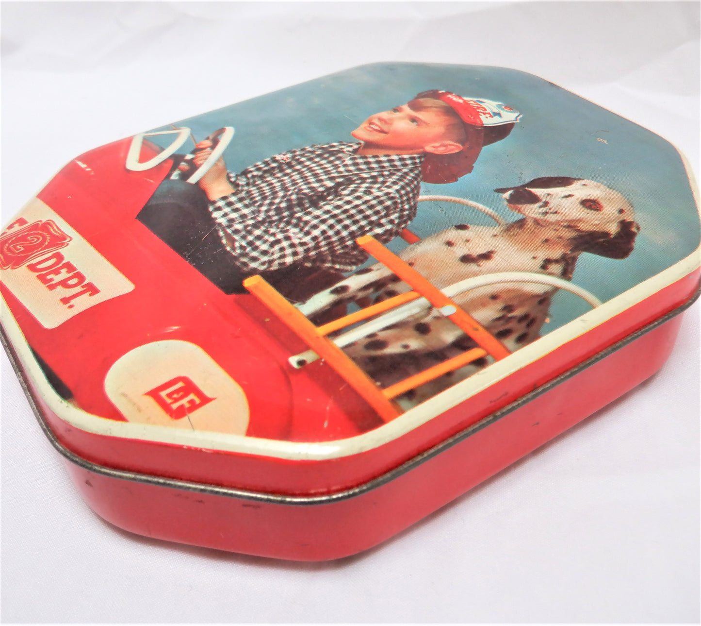 Vintage 1950's Adorable Tin by Rogall's Limited of England: 'THE YOUNG FIREMAN AND HIS TRUSTY DALMATION COMPANION'