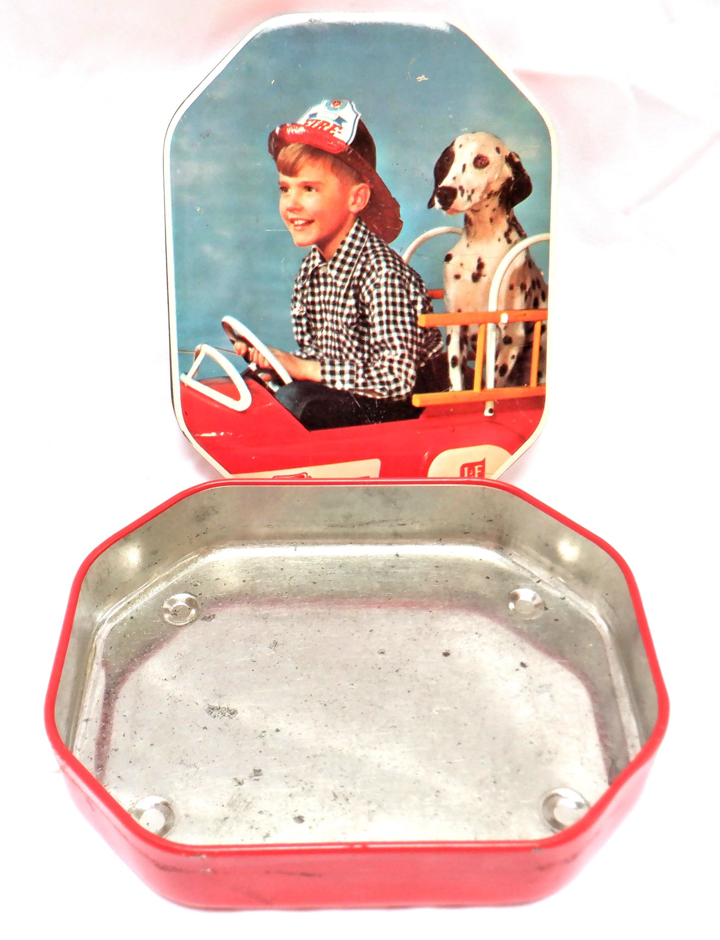 Vintage 1950's Adorable Tin by Rogall's Limited of England: 'THE YOUNG FIREMAN AND HIS TRUSTY DALMATION COMPANION'
