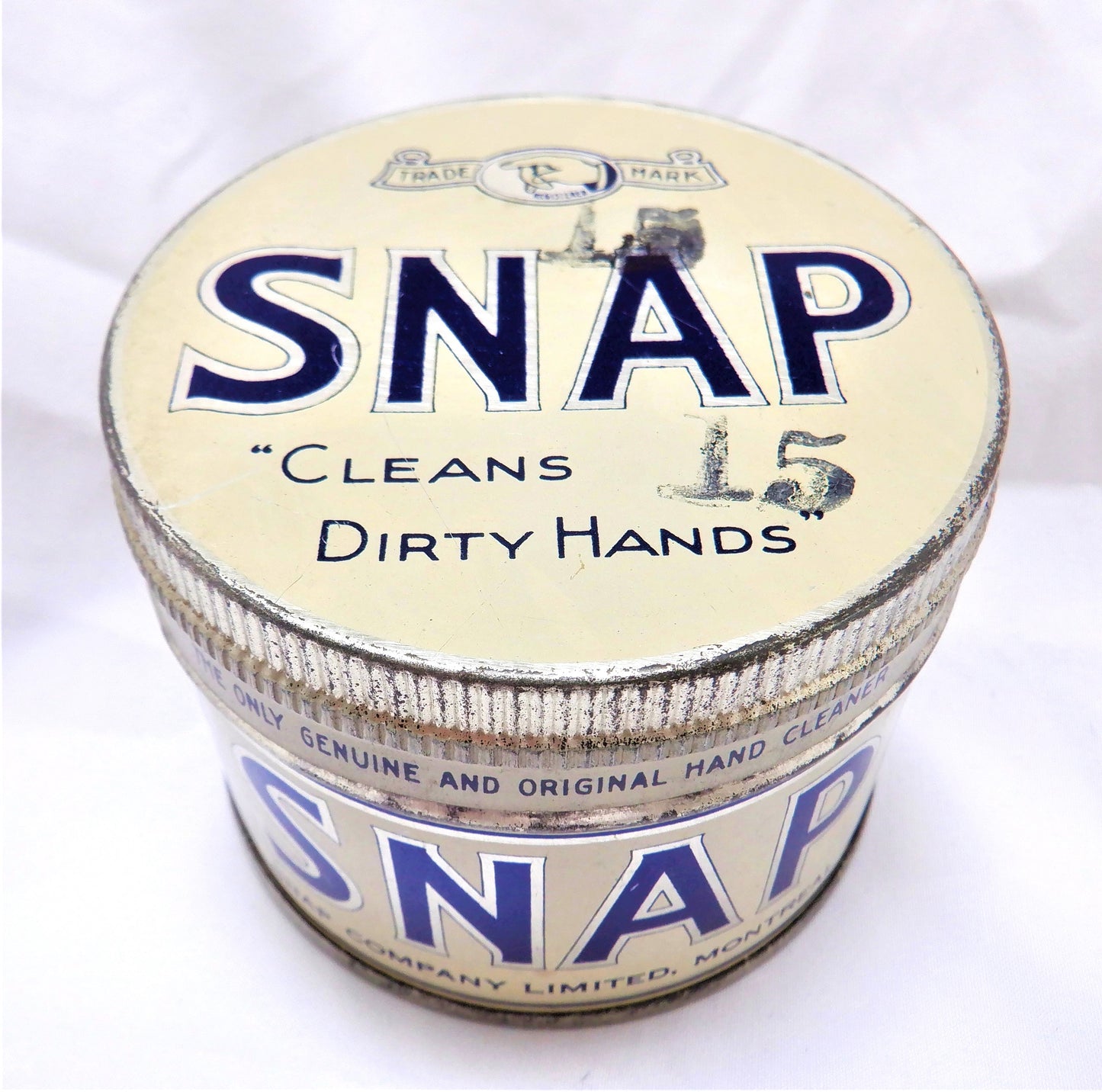 SNAP! "Cleans Dirty Hands", An Antique Tin Pull-Off-Top Container, Made in CANADA