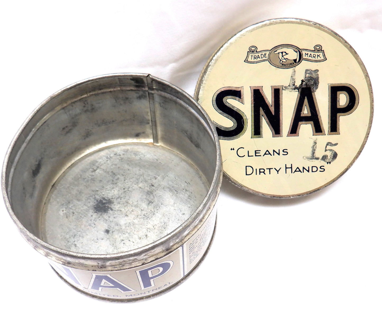 SNAP! "Cleans Dirty Hands", An Antique Tin Pull-Off-Top Container, Made in CANADA