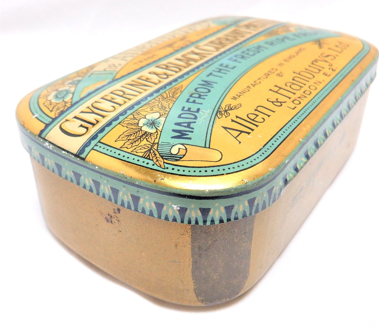 Antique Hinged-Lid Tin Container by Allenburys: 'GLYCERINE & BLACK CURRANT PASTILLES', 1940's
