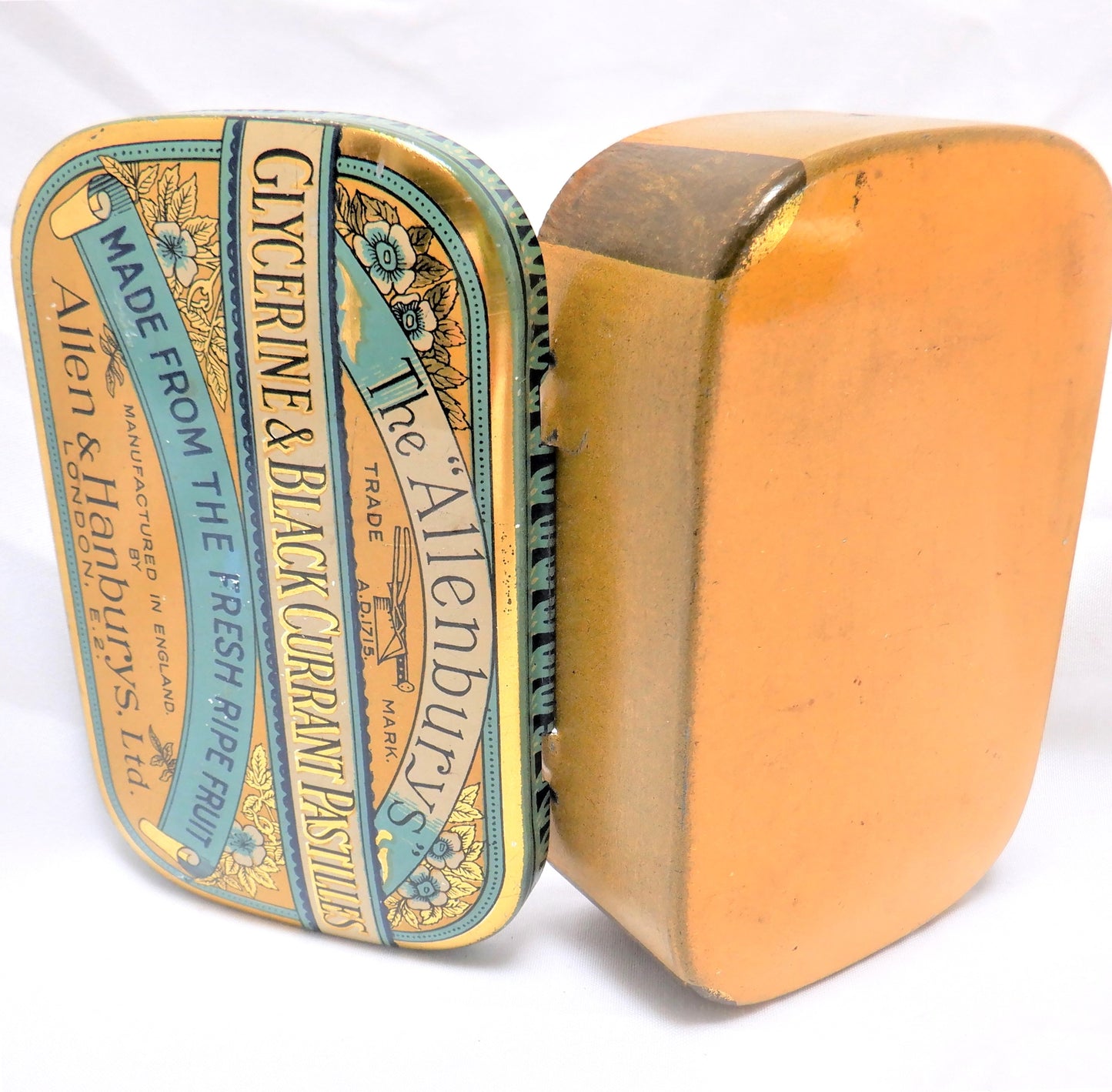 Antique Hinged-Lid Tin Container by Allenburys: 'GLYCERINE & BLACK CURRANT PASTILLES', 1940's