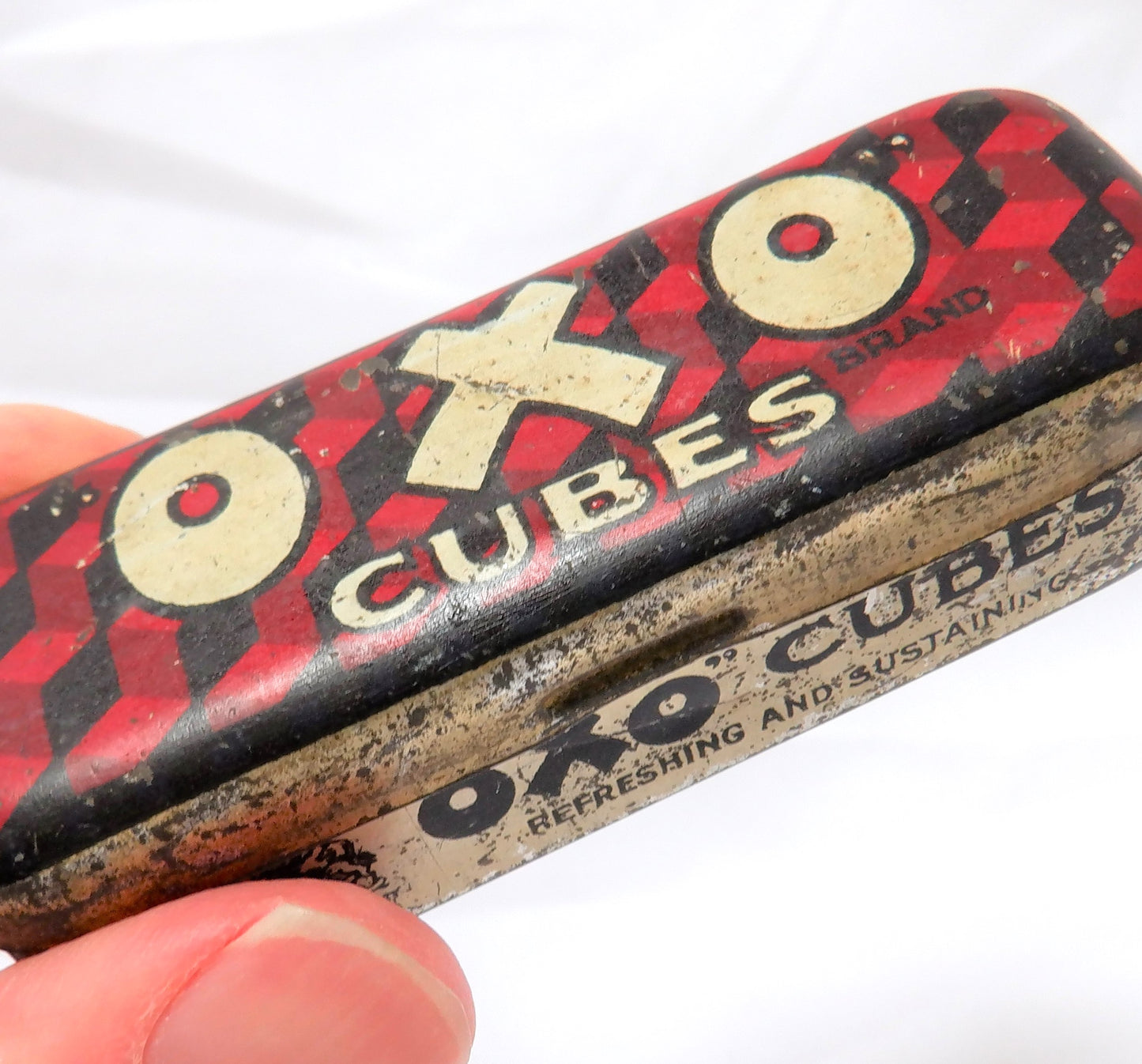 Vintage 1940's Small Hinged-Lid Tin Kitchen Container: 'OXO CUBES'