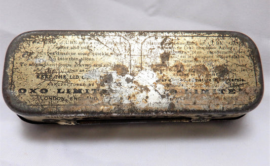 Vintage 1940's Small Hinged-Lid Tin Kitchen Container: 'OXO CUBES'