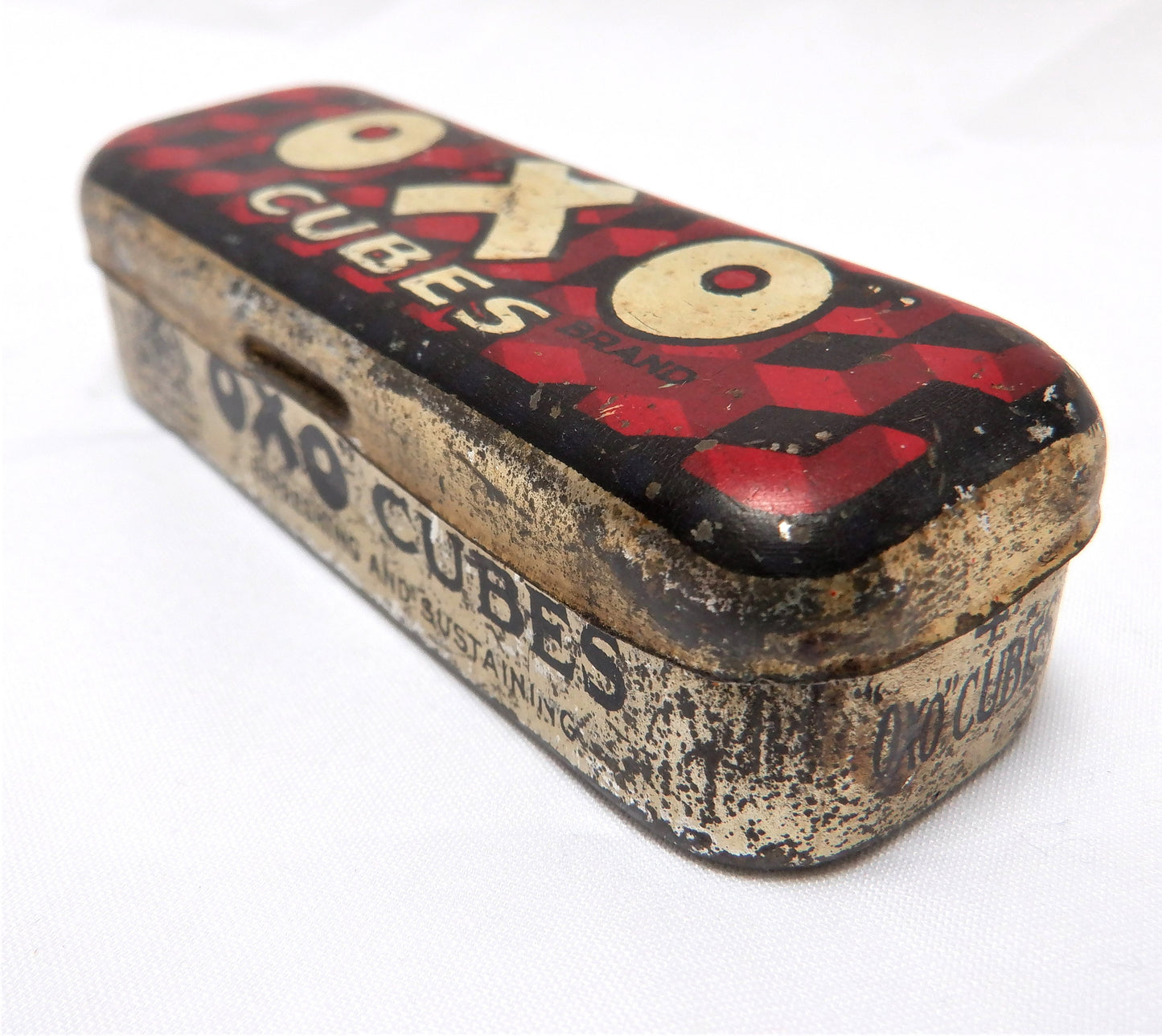 Vintage 1940's Small Hinged-Lid Tin Kitchen Container: 'OXO CUBES'