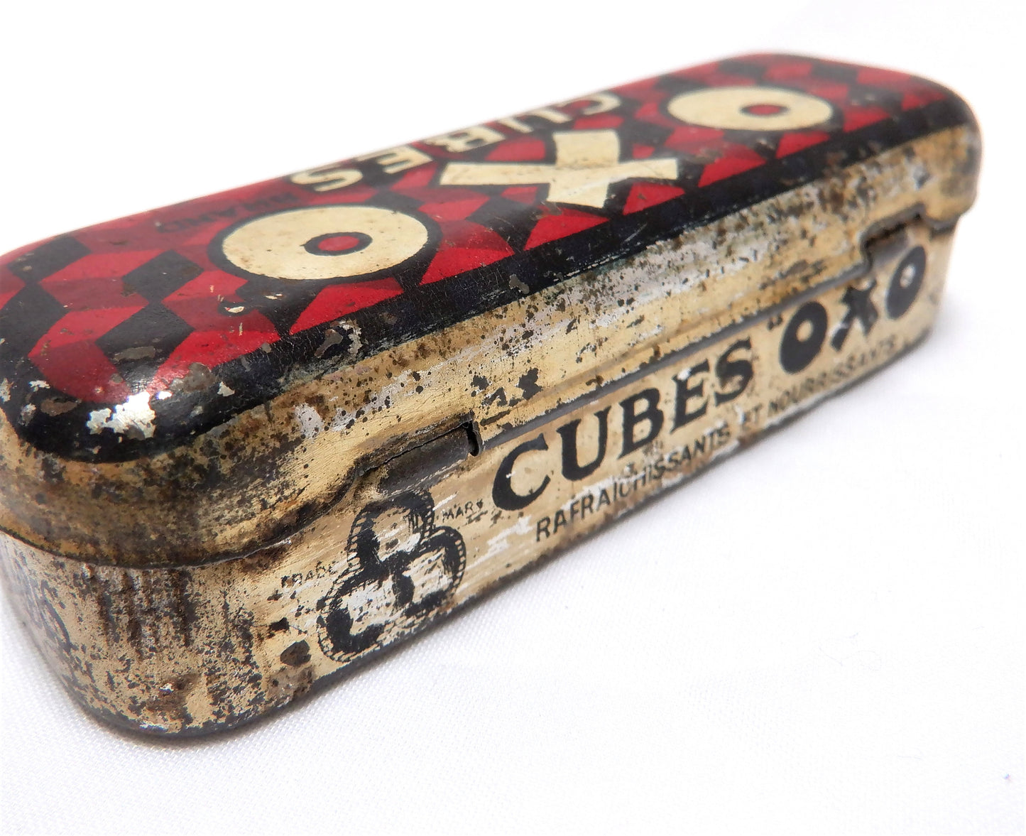 Vintage 1940's Small Hinged-Lid Tin Kitchen Container: 'OXO CUBES'