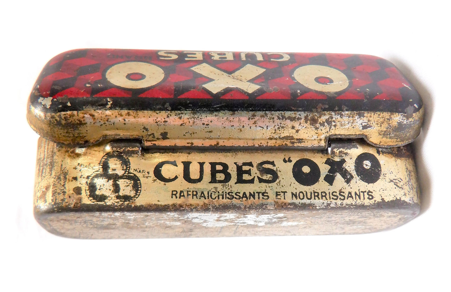 Vintage 1940's Small Hinged-Lid Tin Kitchen Container: 'OXO CUBES'