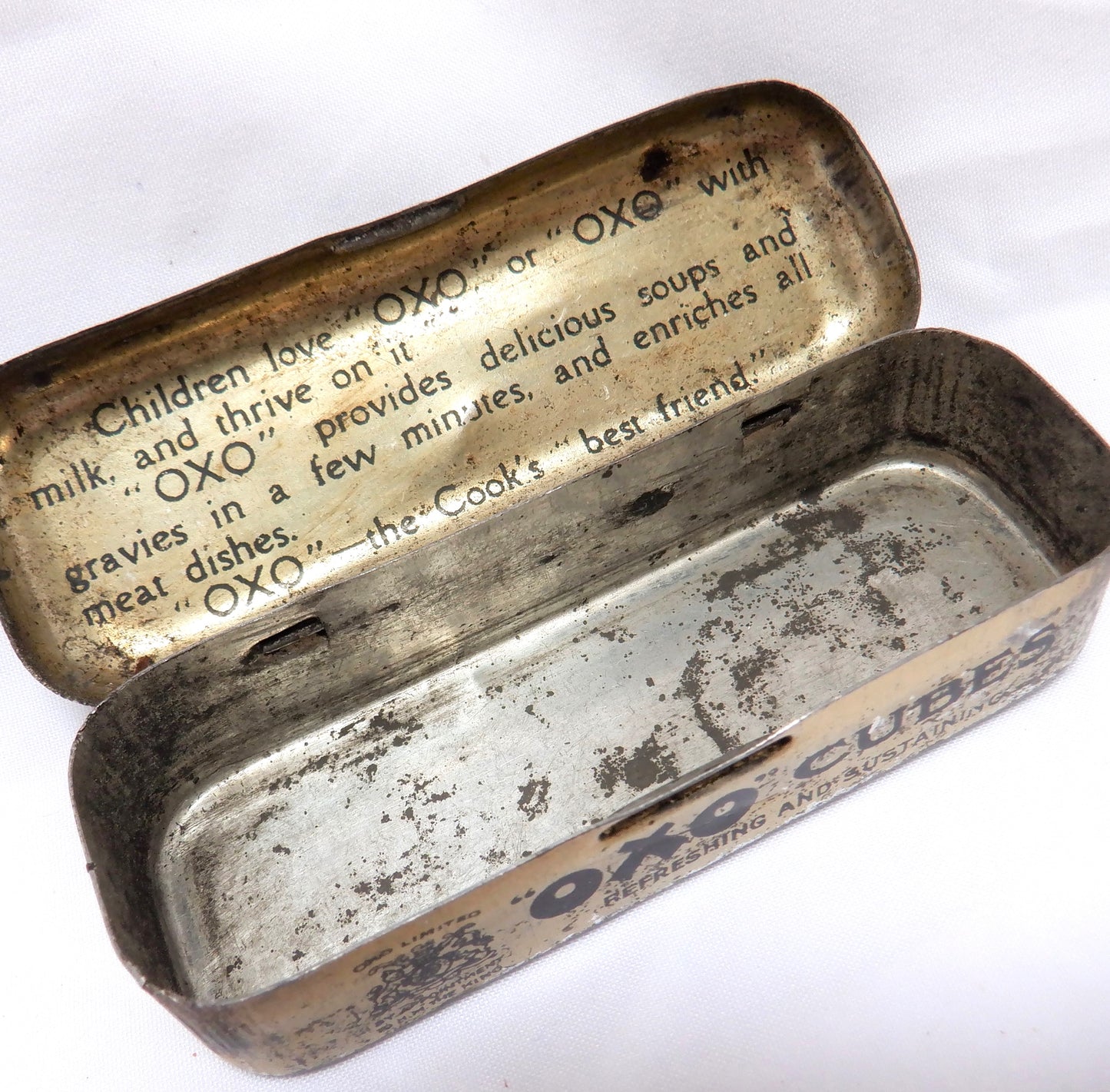 Vintage 1940's Small Hinged-Lid Tin Kitchen Container: 'OXO CUBES'