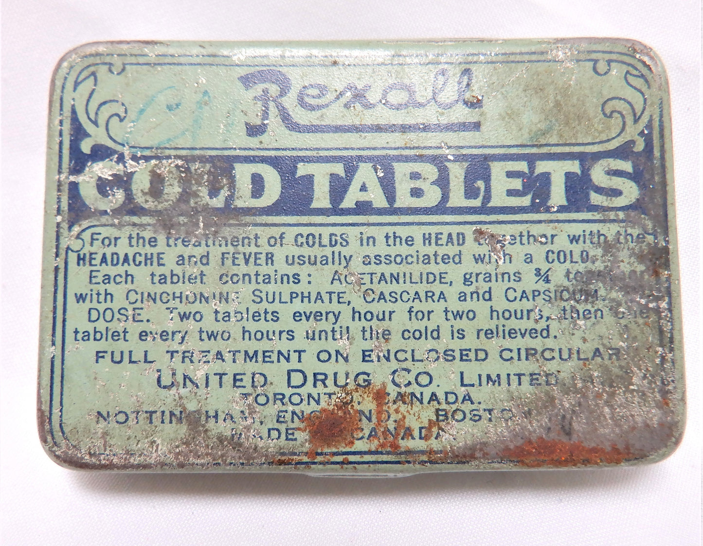 Vintage Pocket Pill Tin by REXALL COLD TABLETS, Made in CANADA